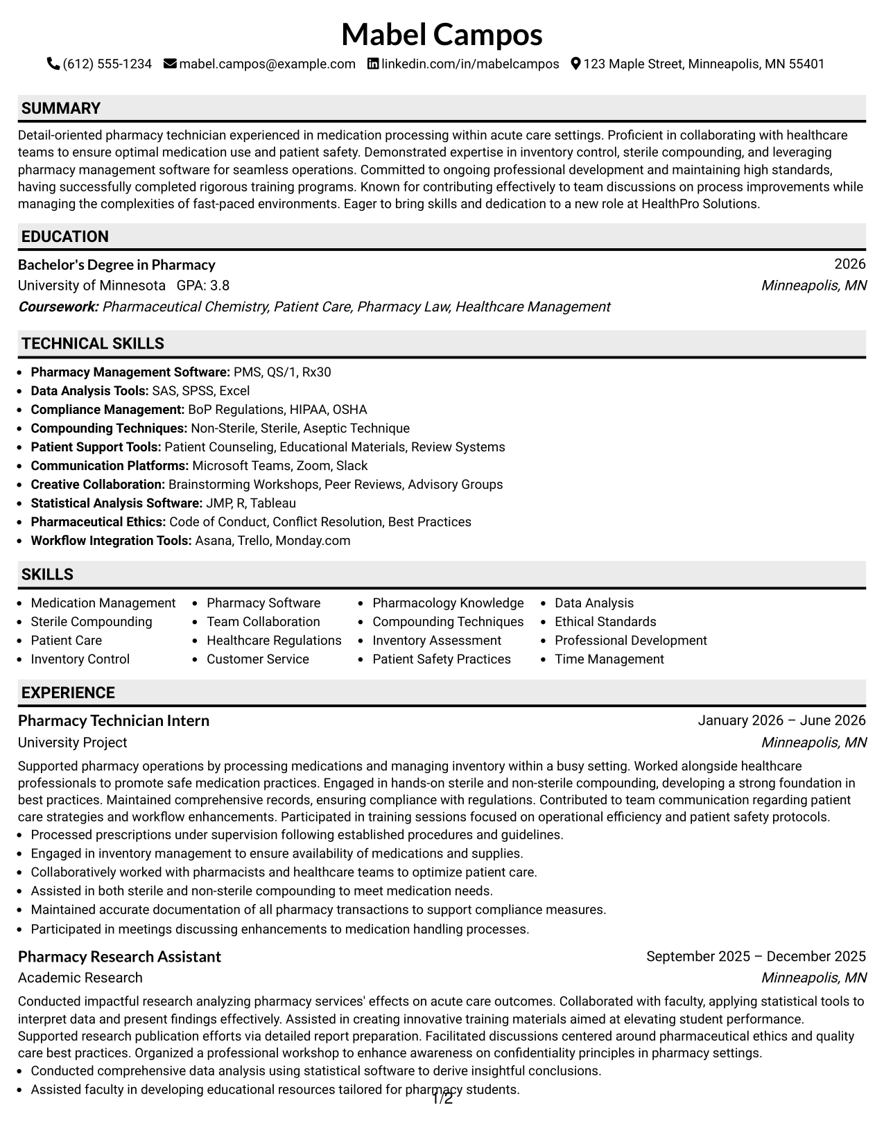 Resume Example Page 1