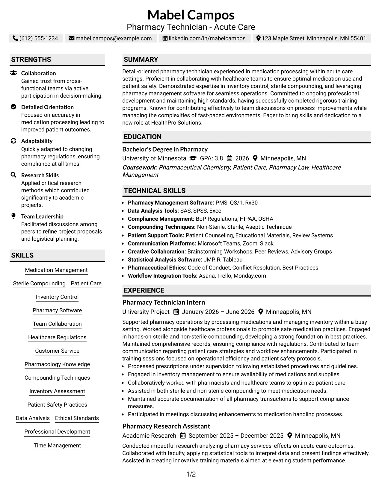 Resume Example Page 1