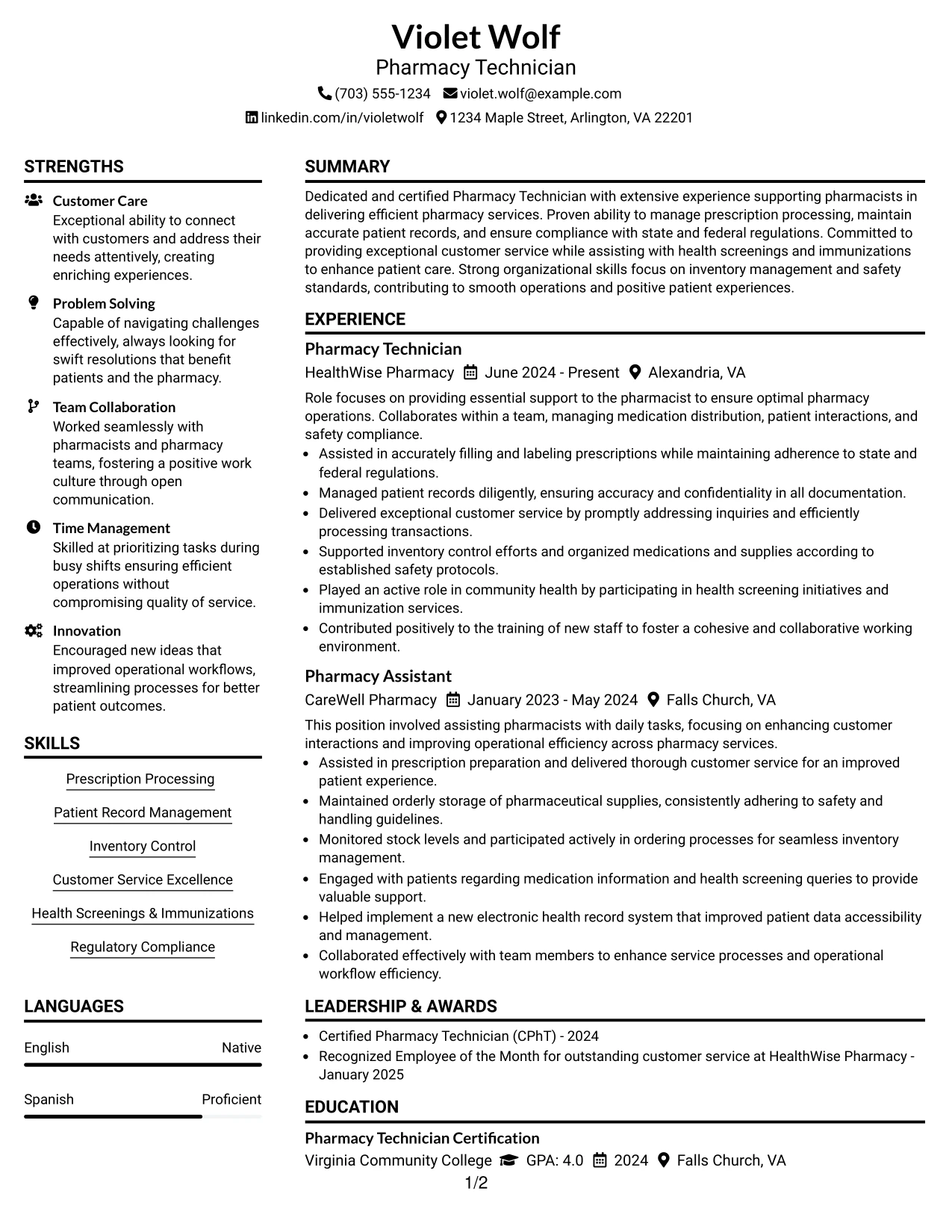 Resume Example Page 1