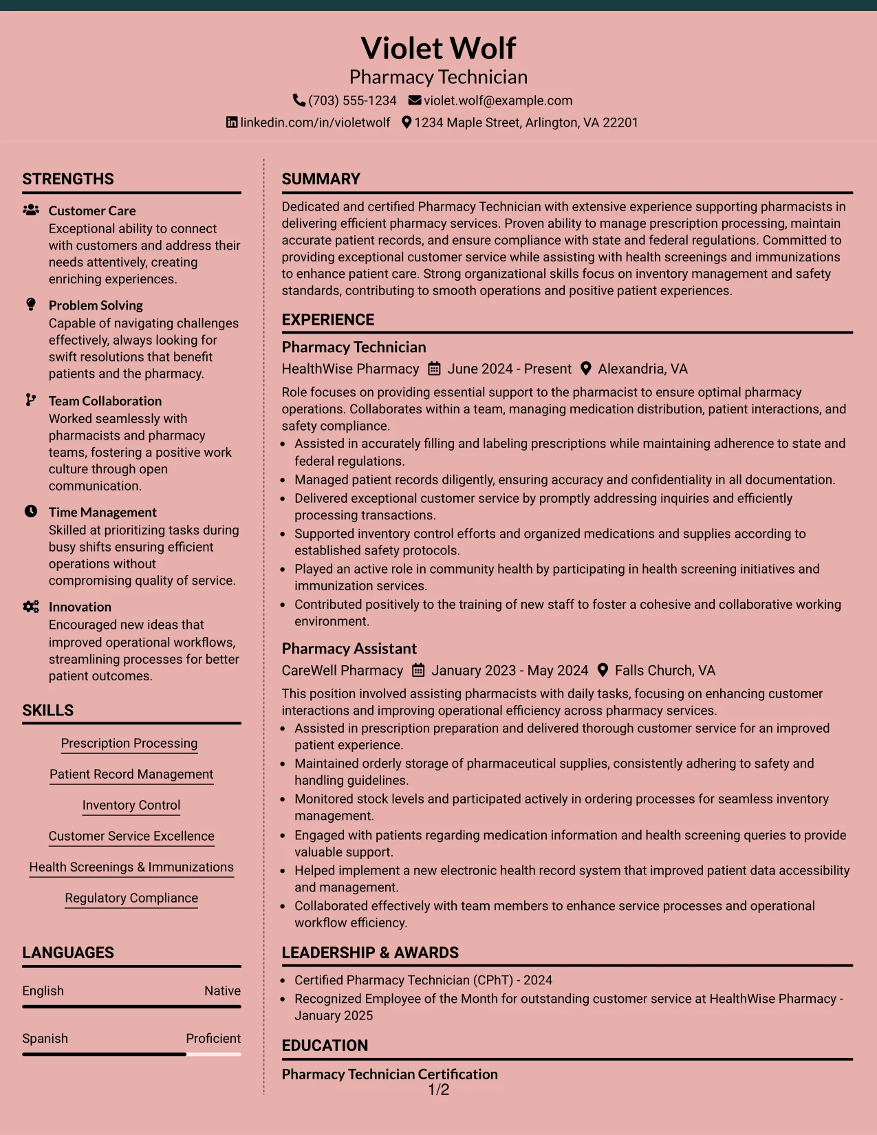 Resume Example Page 1