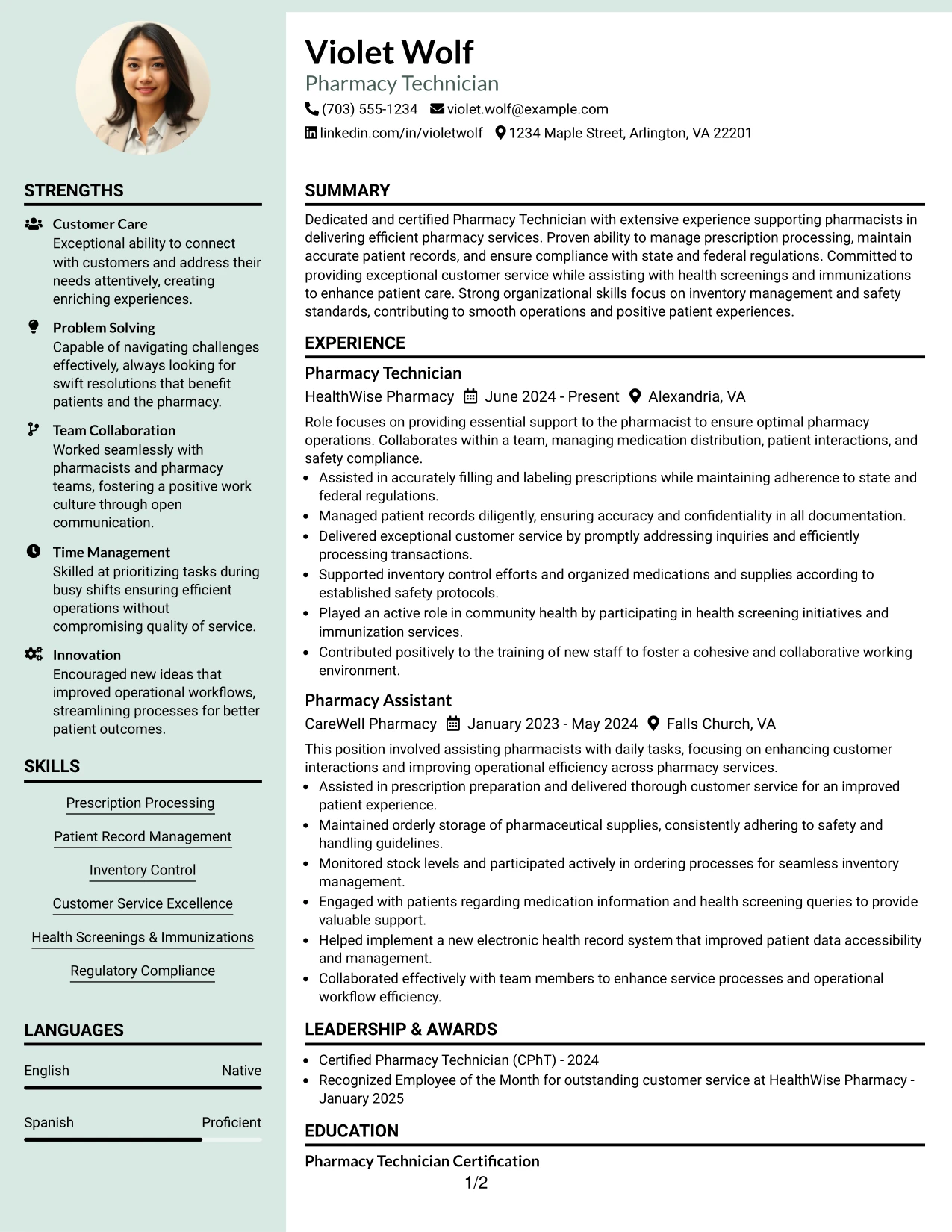 Resume Example Page 1