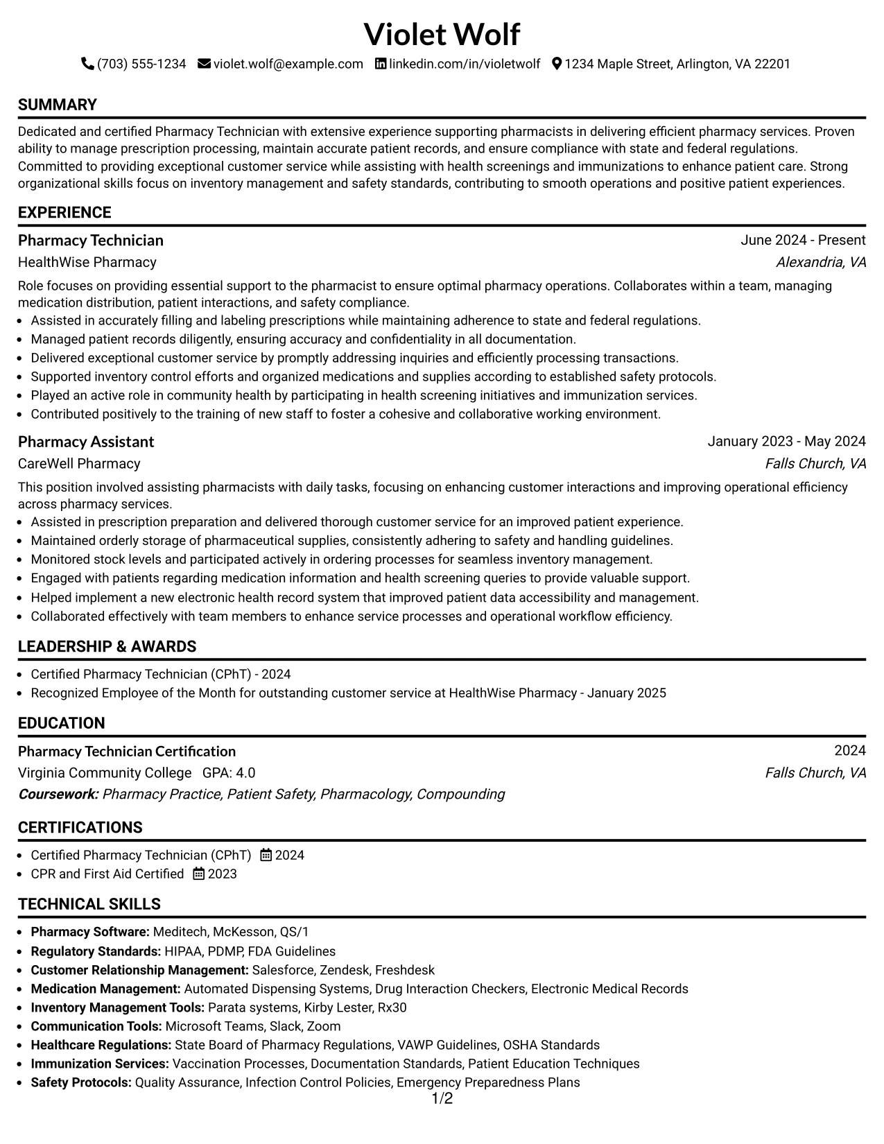 Resume Example Page 1