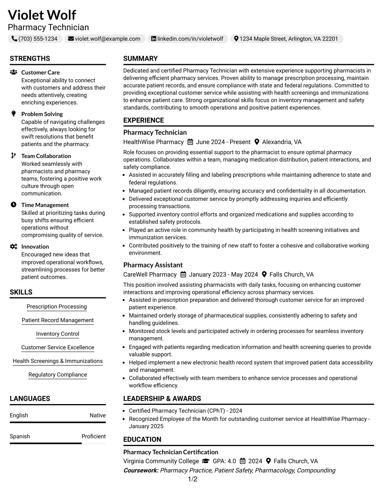 Resume Example Page 1