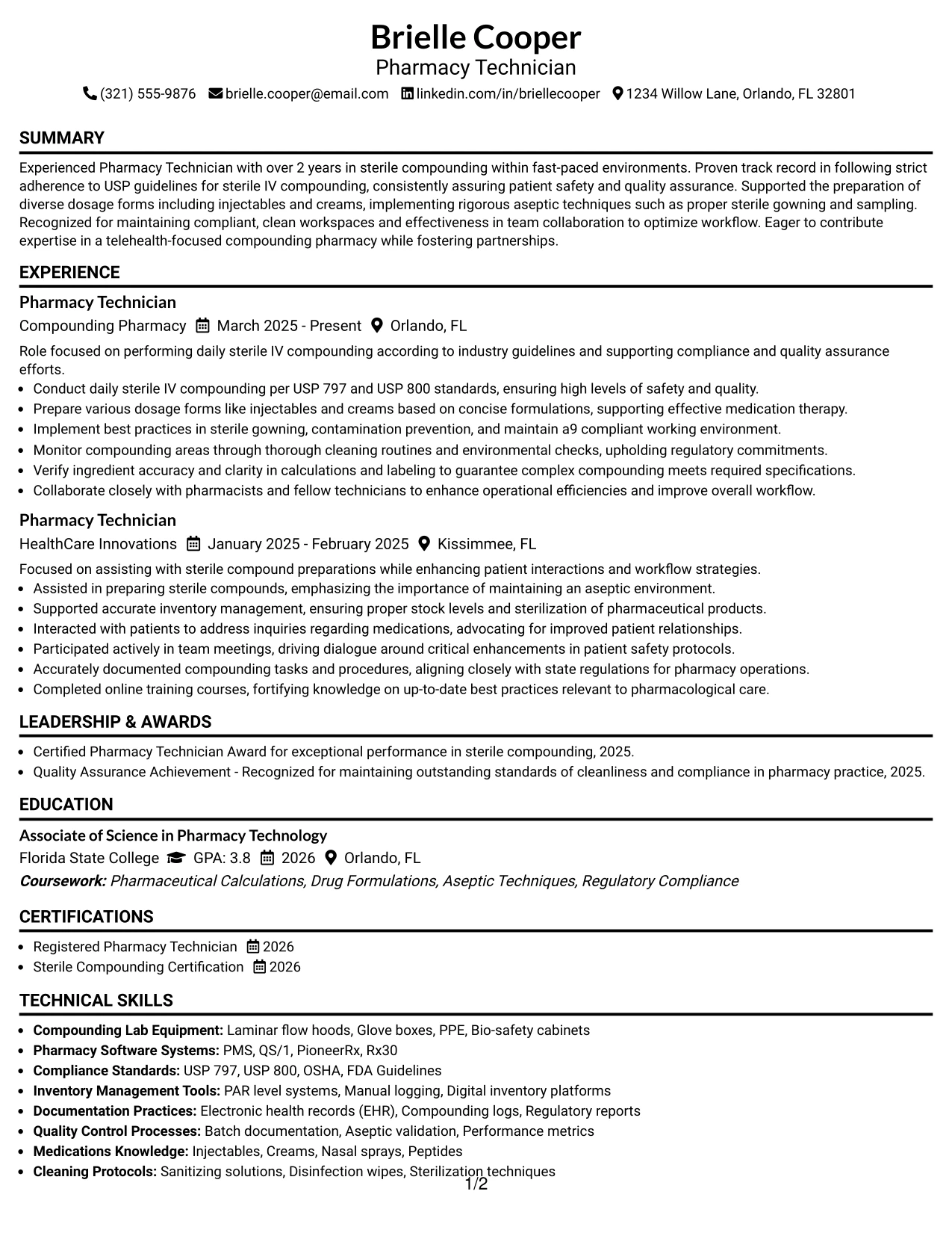Resume Example Page 1