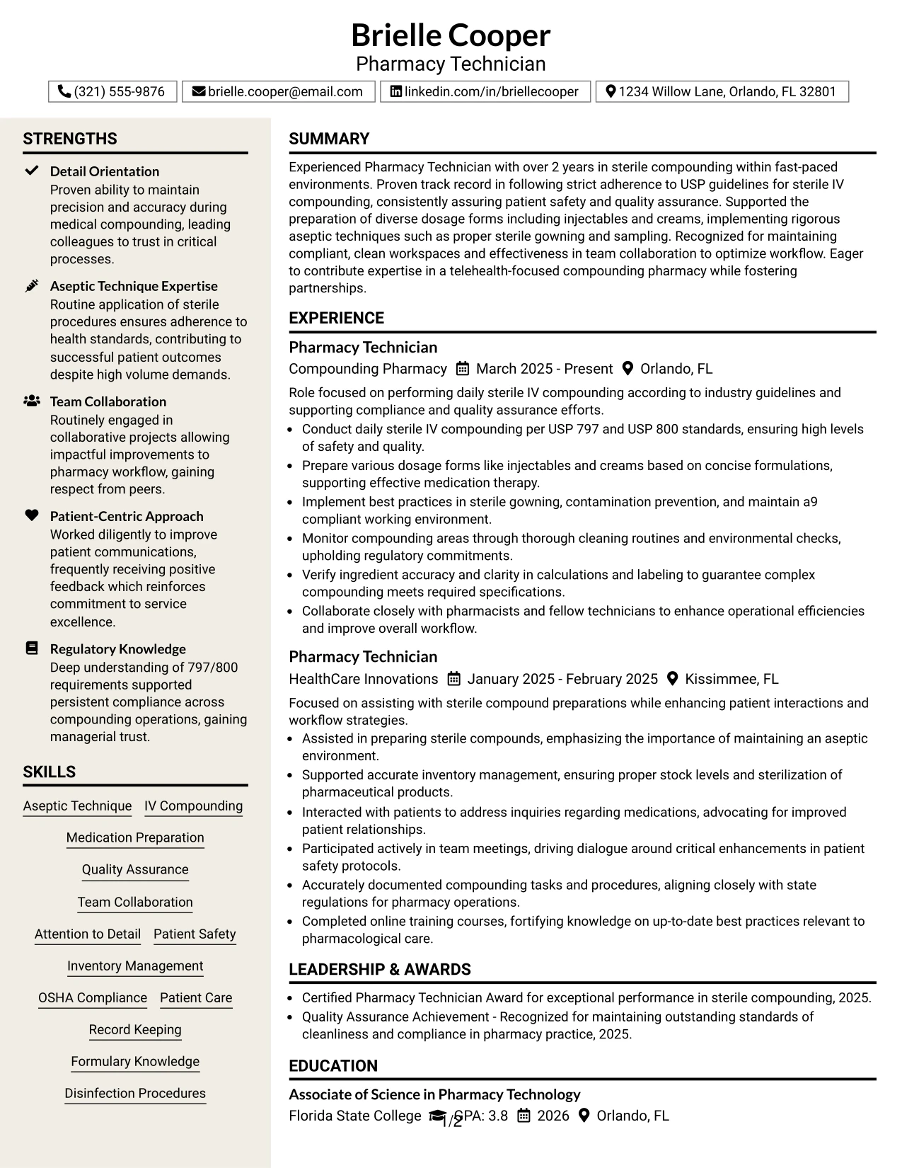Resume Example Page 1