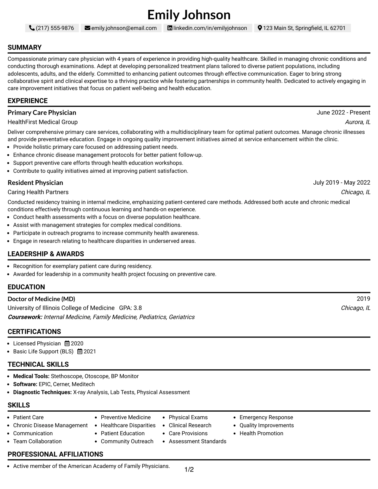 Resume Example Page 1