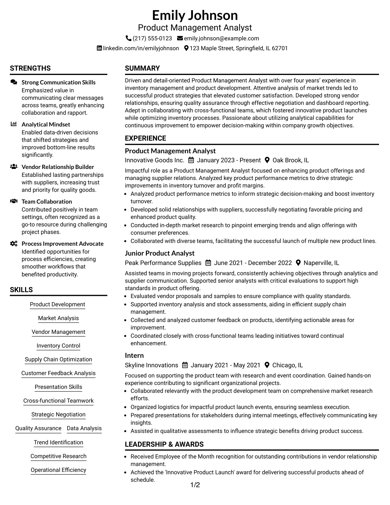 Resume Example Page 1