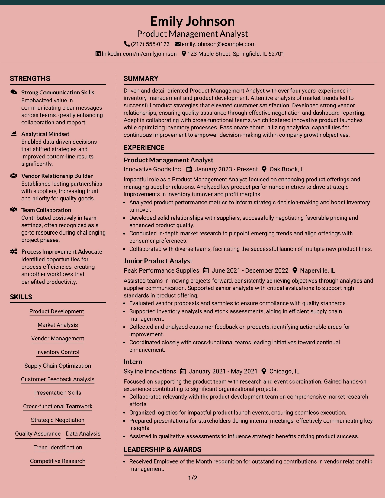 Resume Example Page 1