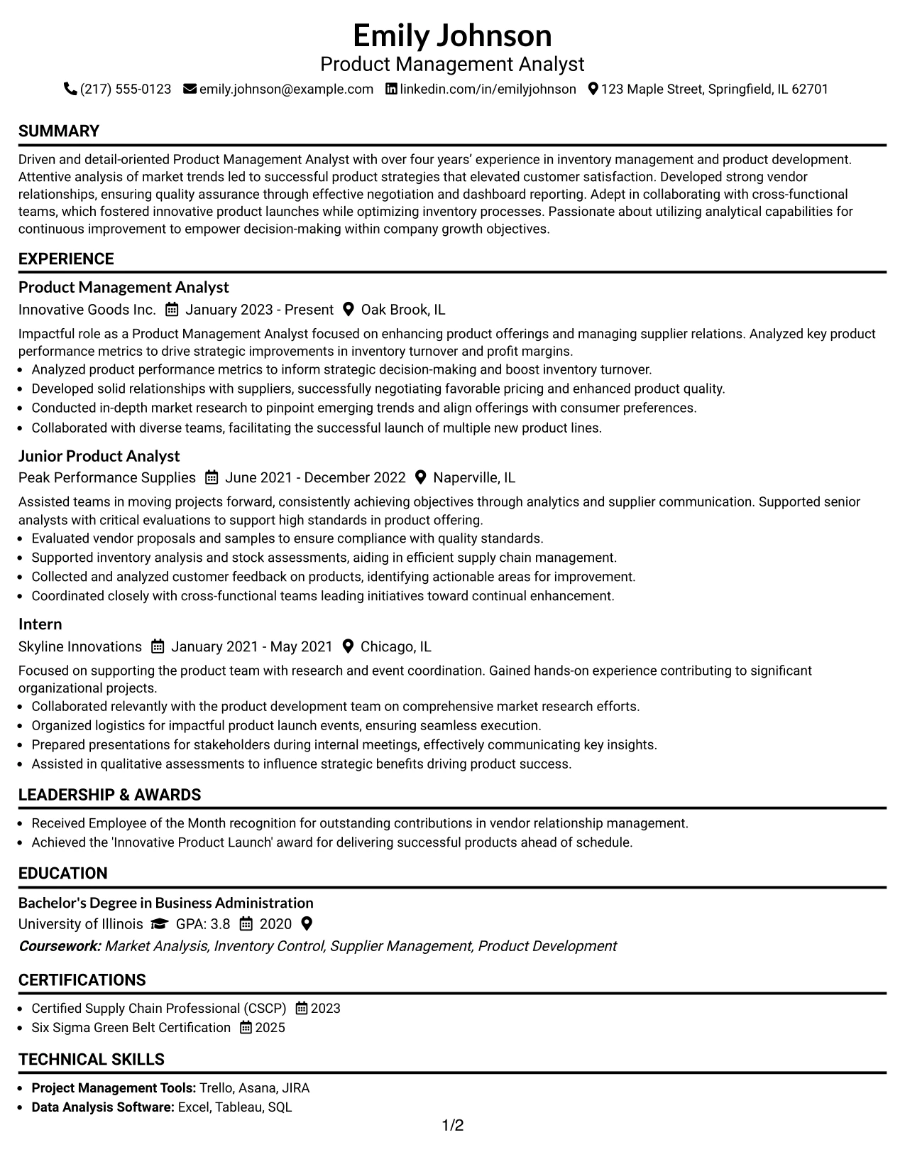 Resume Example Page 1
