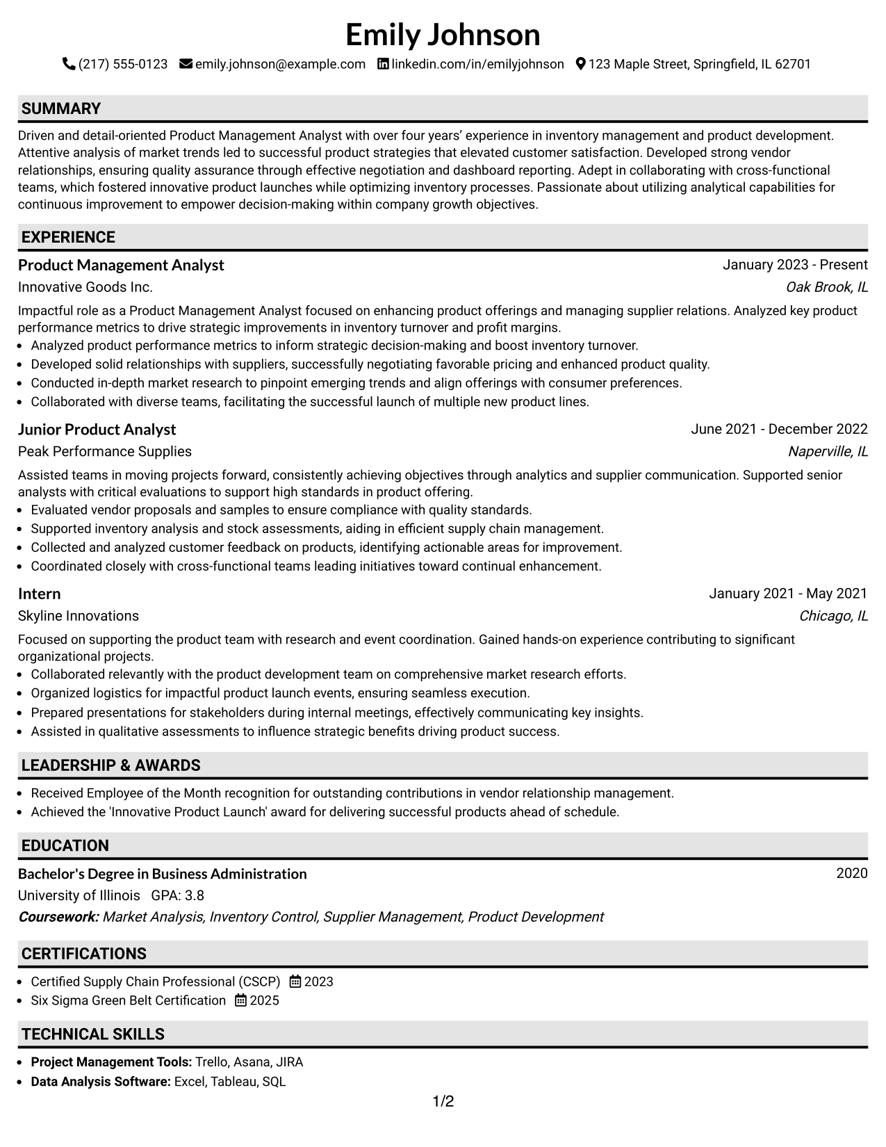 Resume Example Page 1