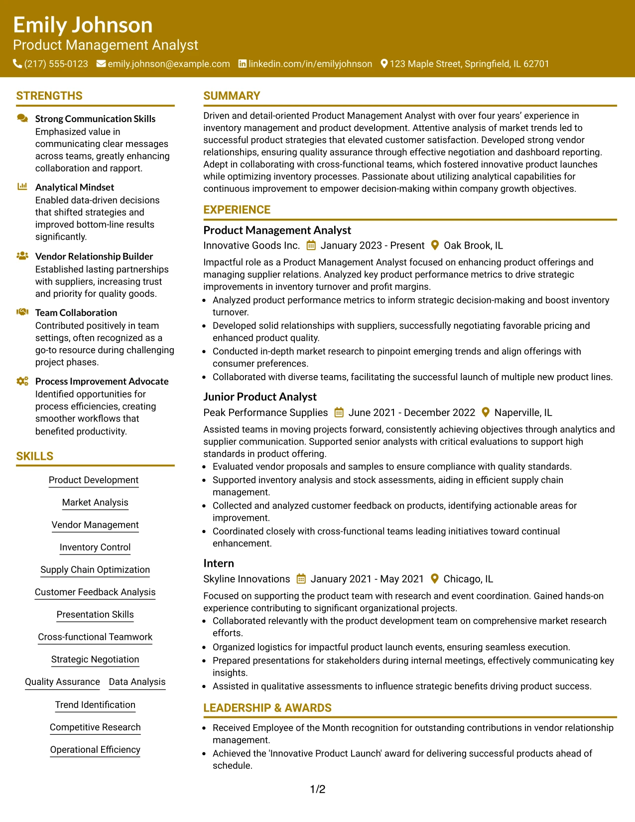 Resume Example Page 1