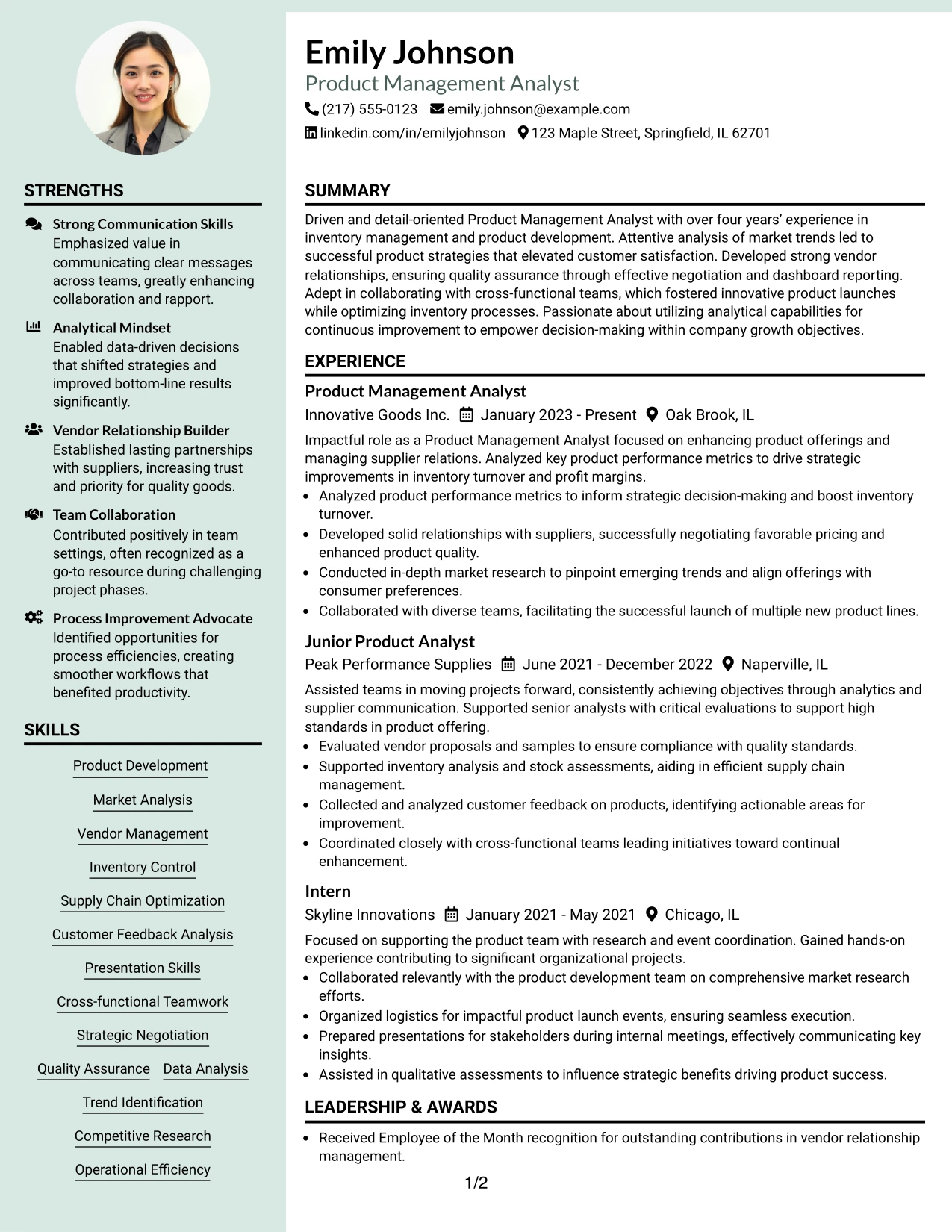Resume Example Page 1