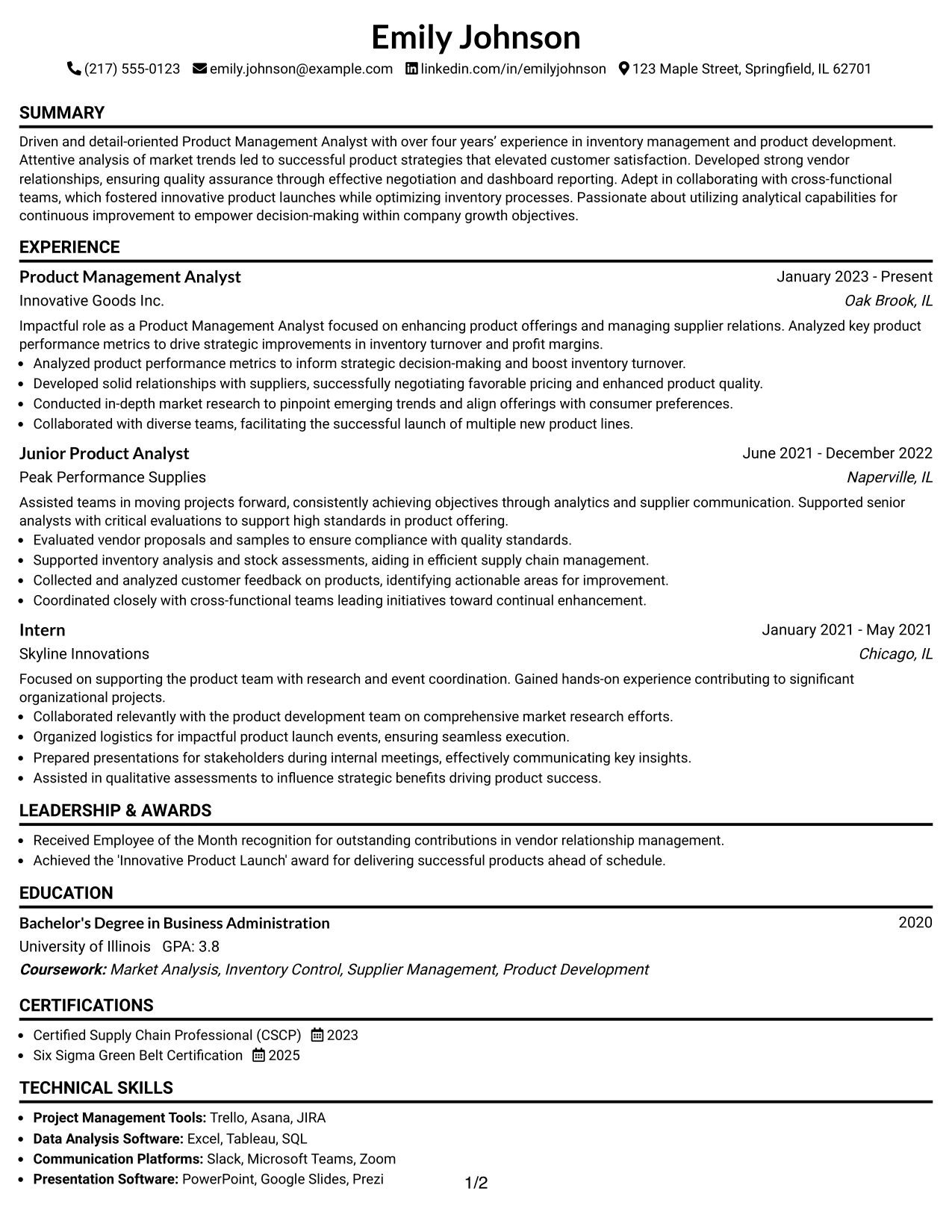 Resume Example Page 1