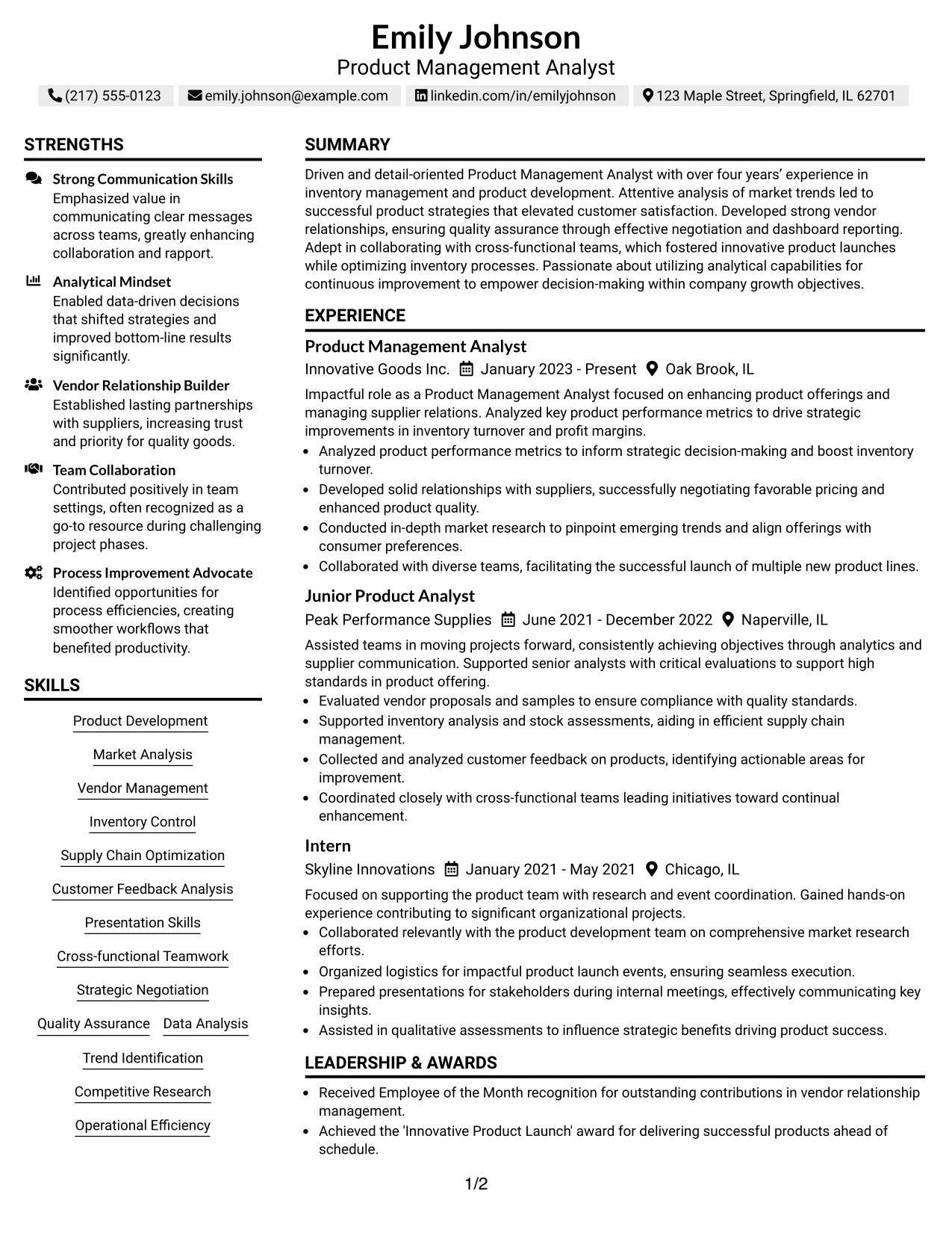 Resume Example Page 1