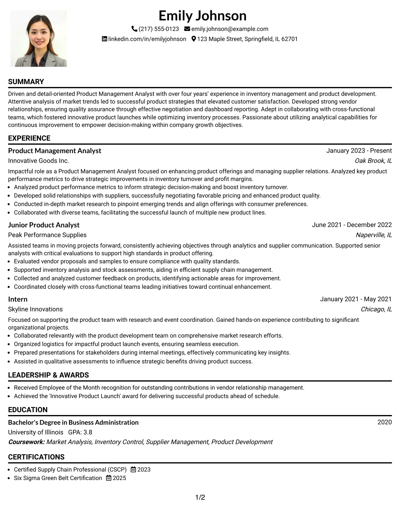 Resume Example Page 1