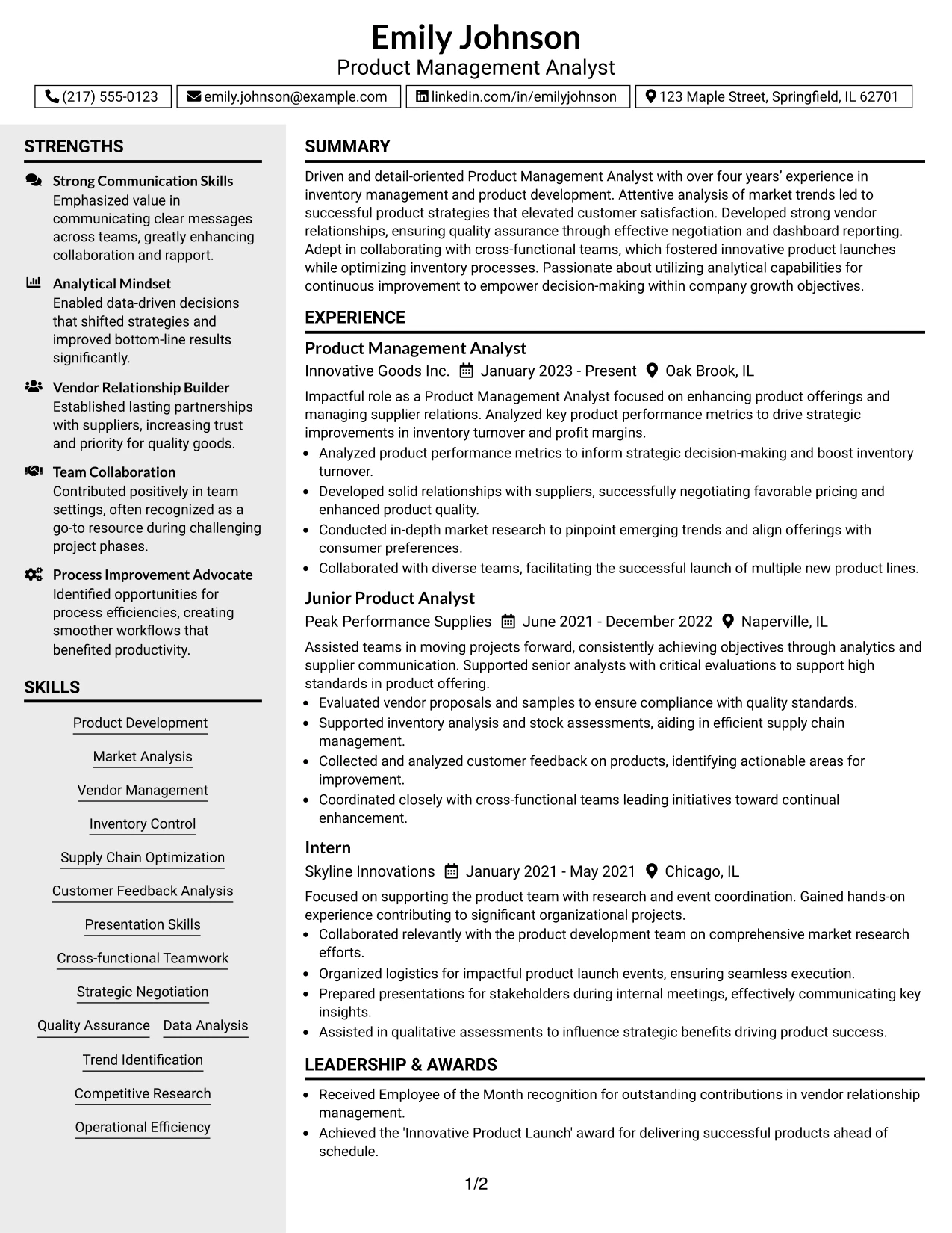 Resume Example Page 1
