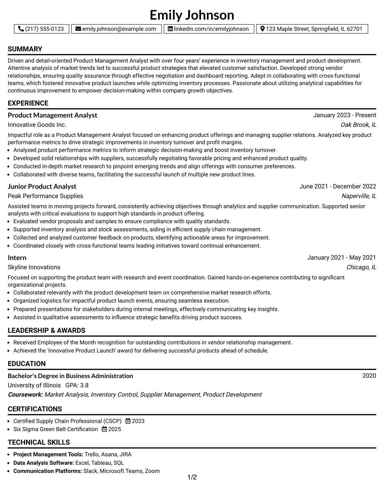 Resume Example Page 1