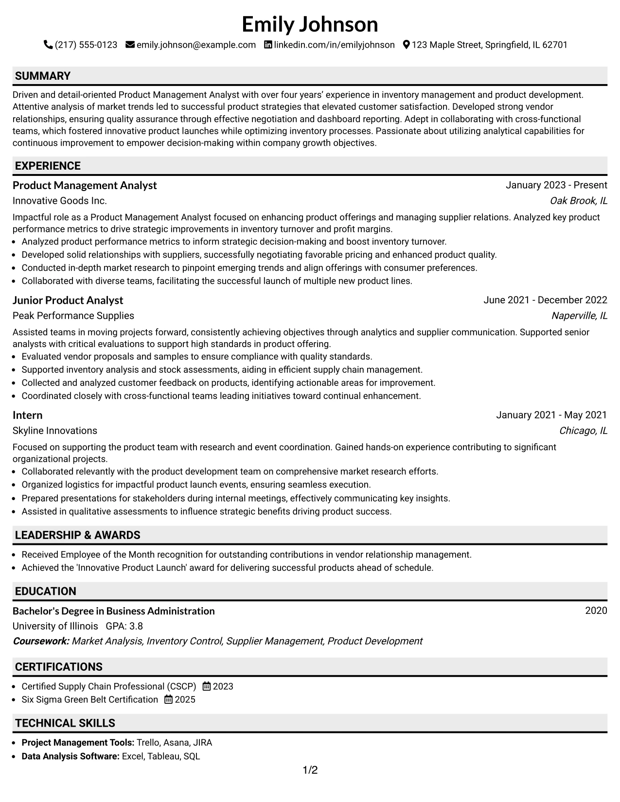 Resume Example Page 1