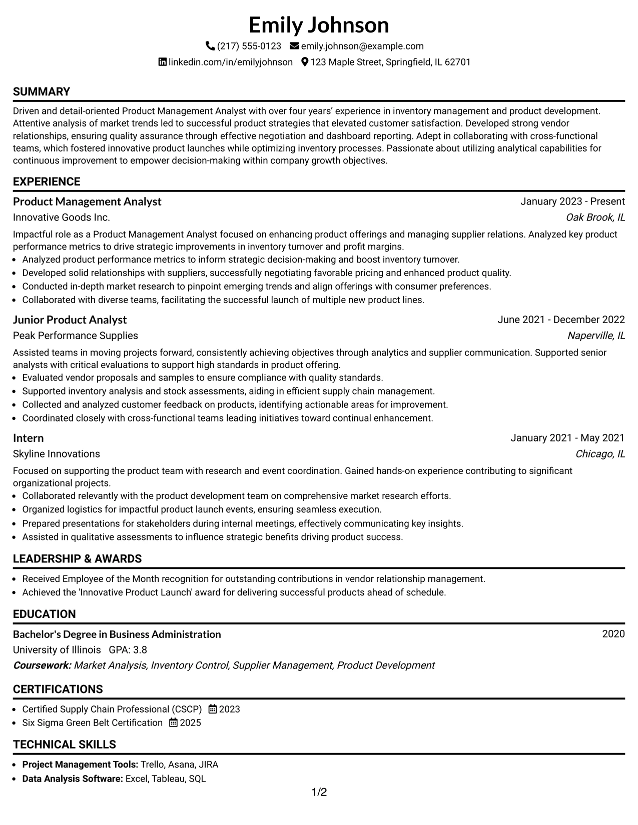 Resume Example Page 1