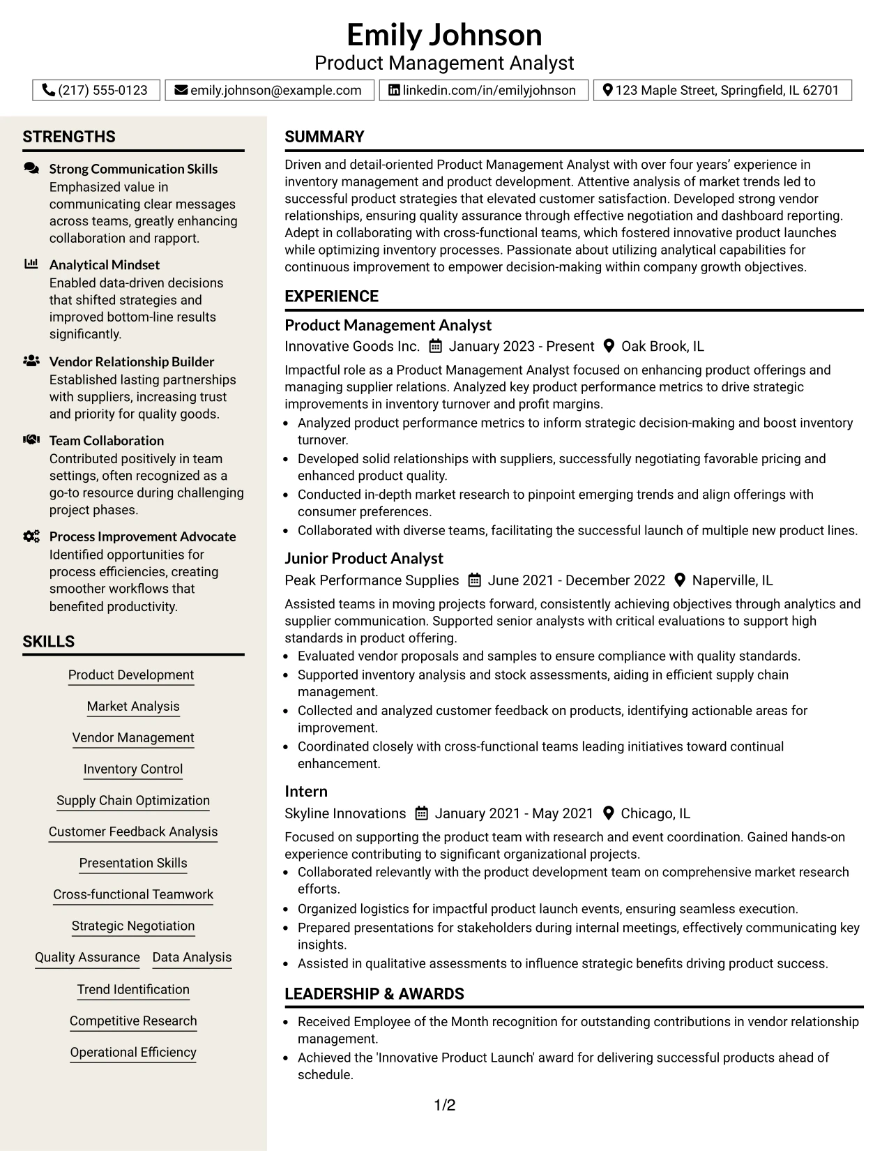 Resume Example Page 1