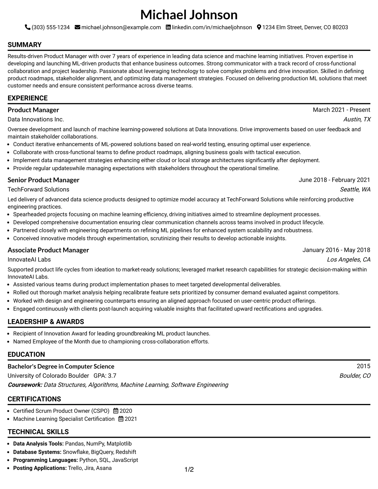 Resume Example Page 1