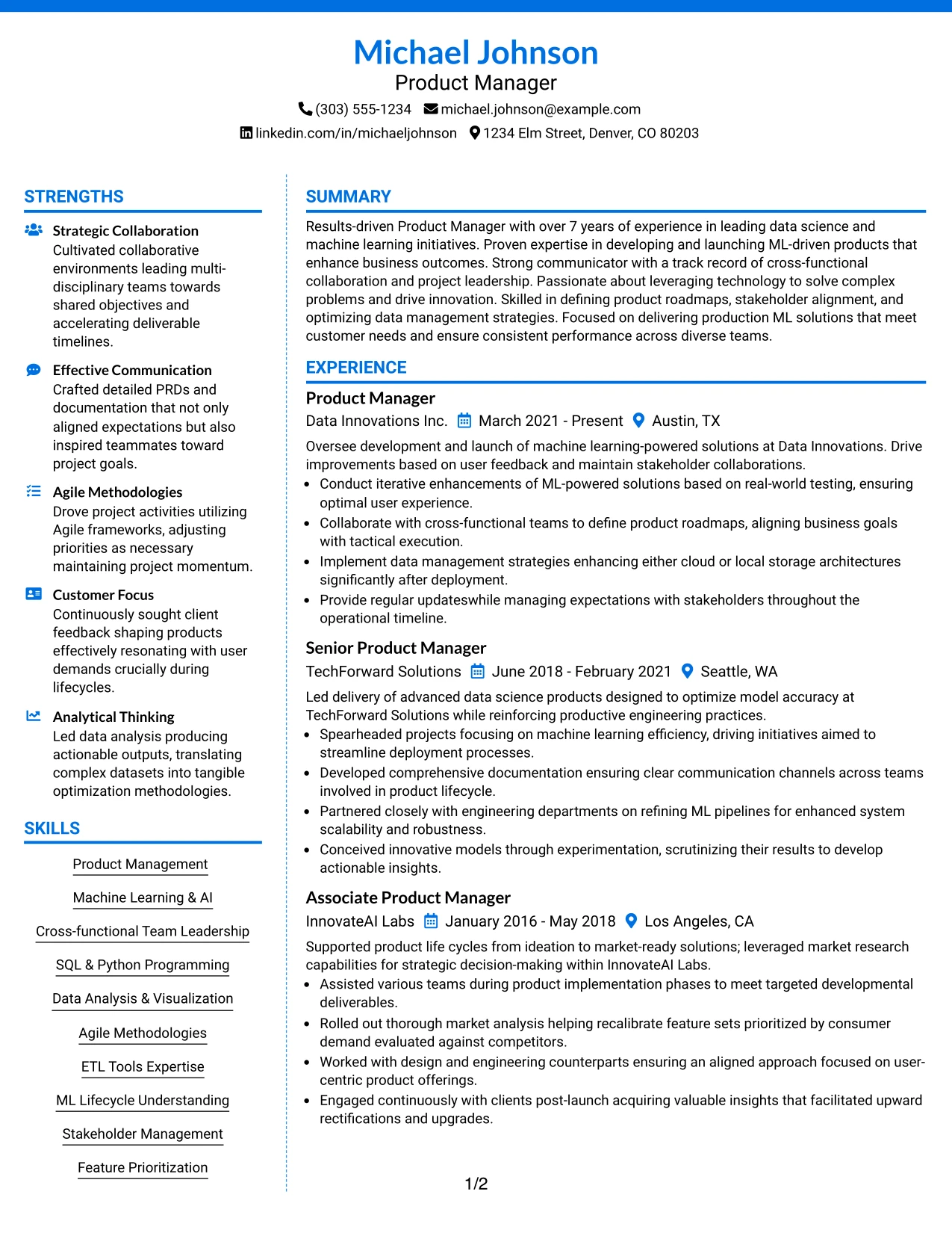 Resume Example Page 1