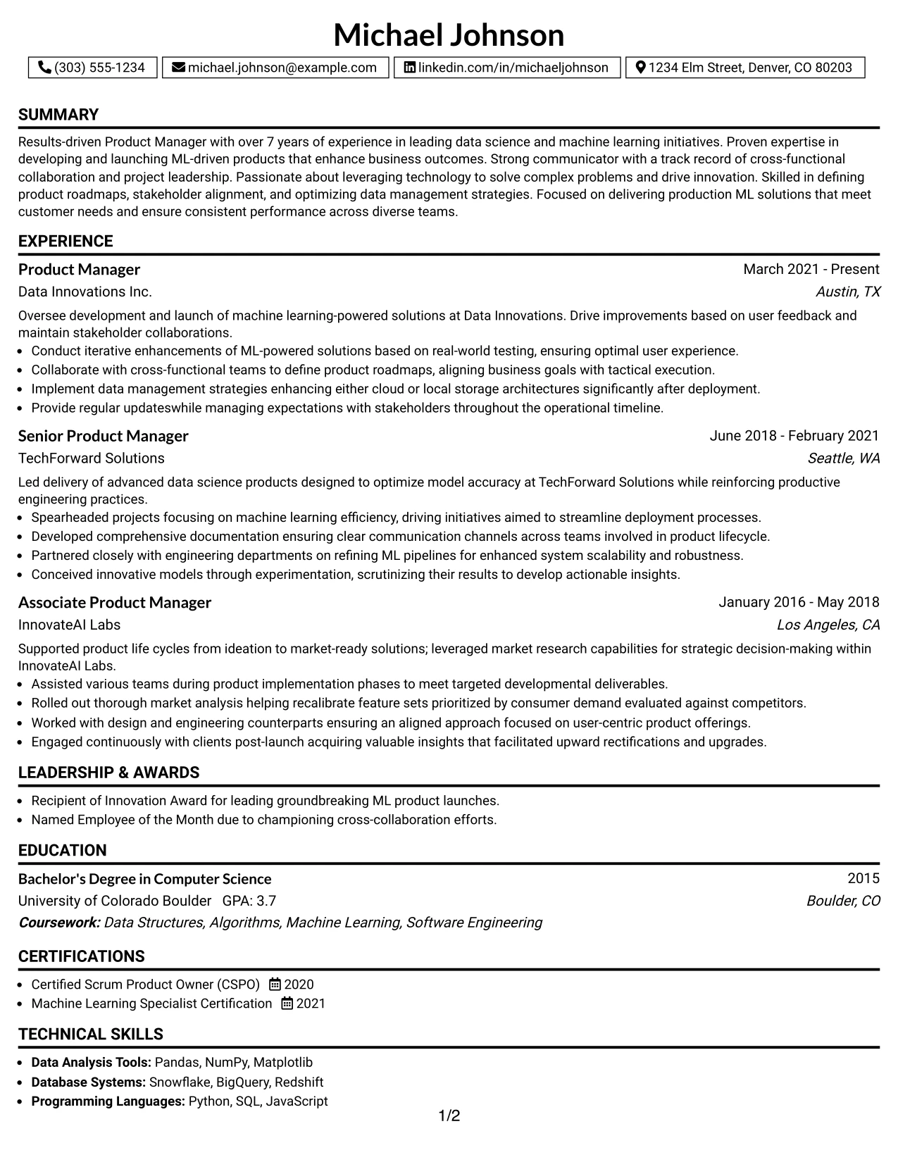 Resume Example Page 1