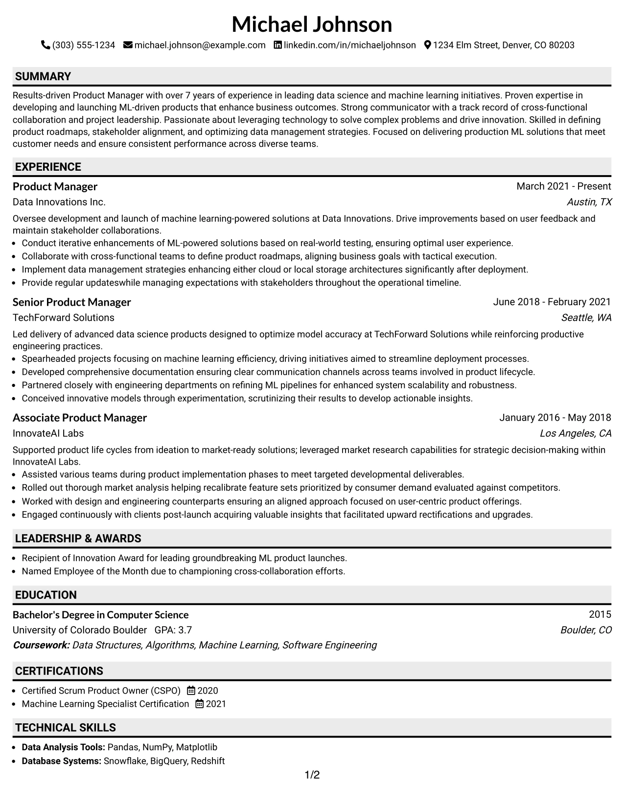 Resume Example Page 1
