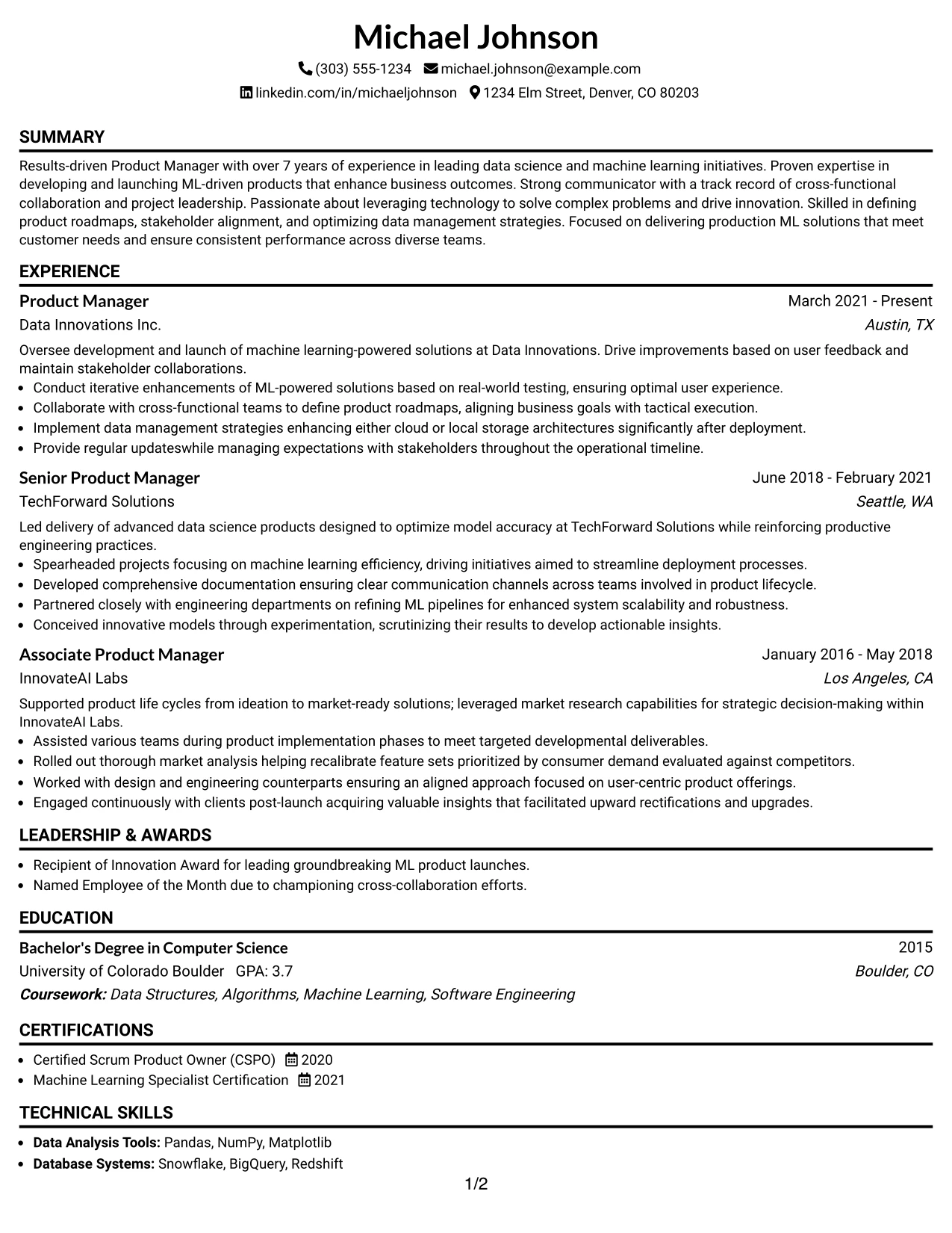 Resume Example Page 1
