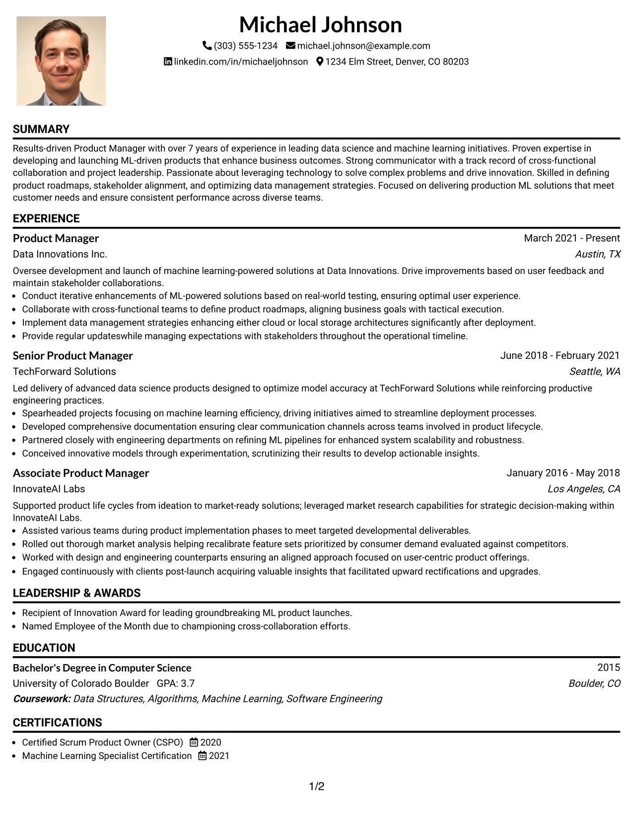 Resume Example Page 1