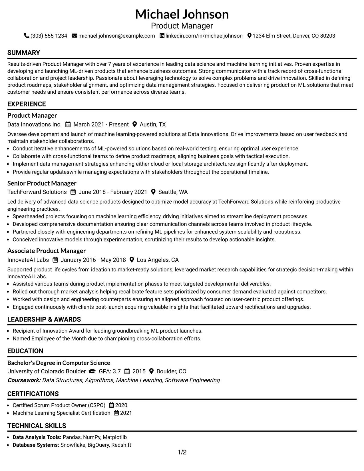 Resume Example Page 1