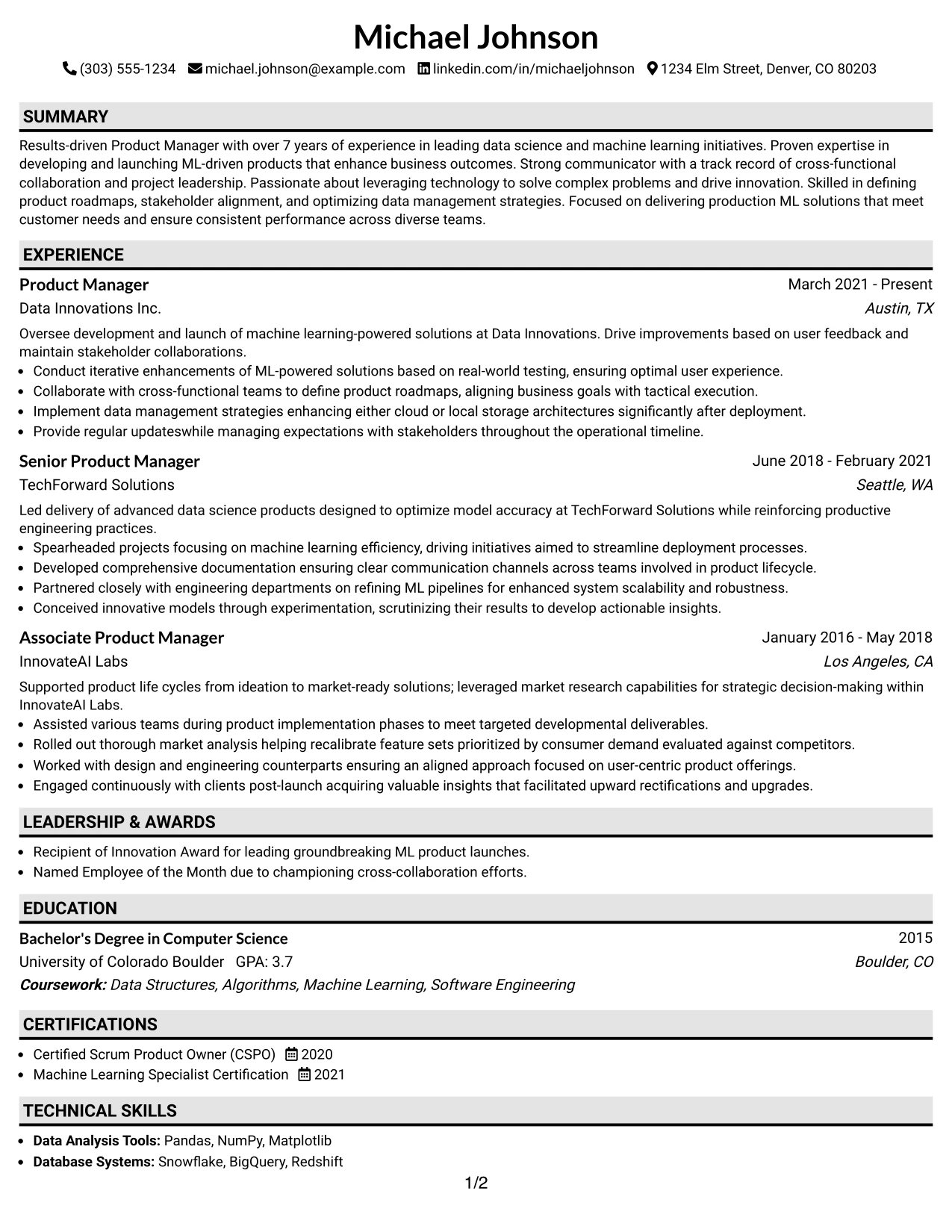Resume Example Page 1
