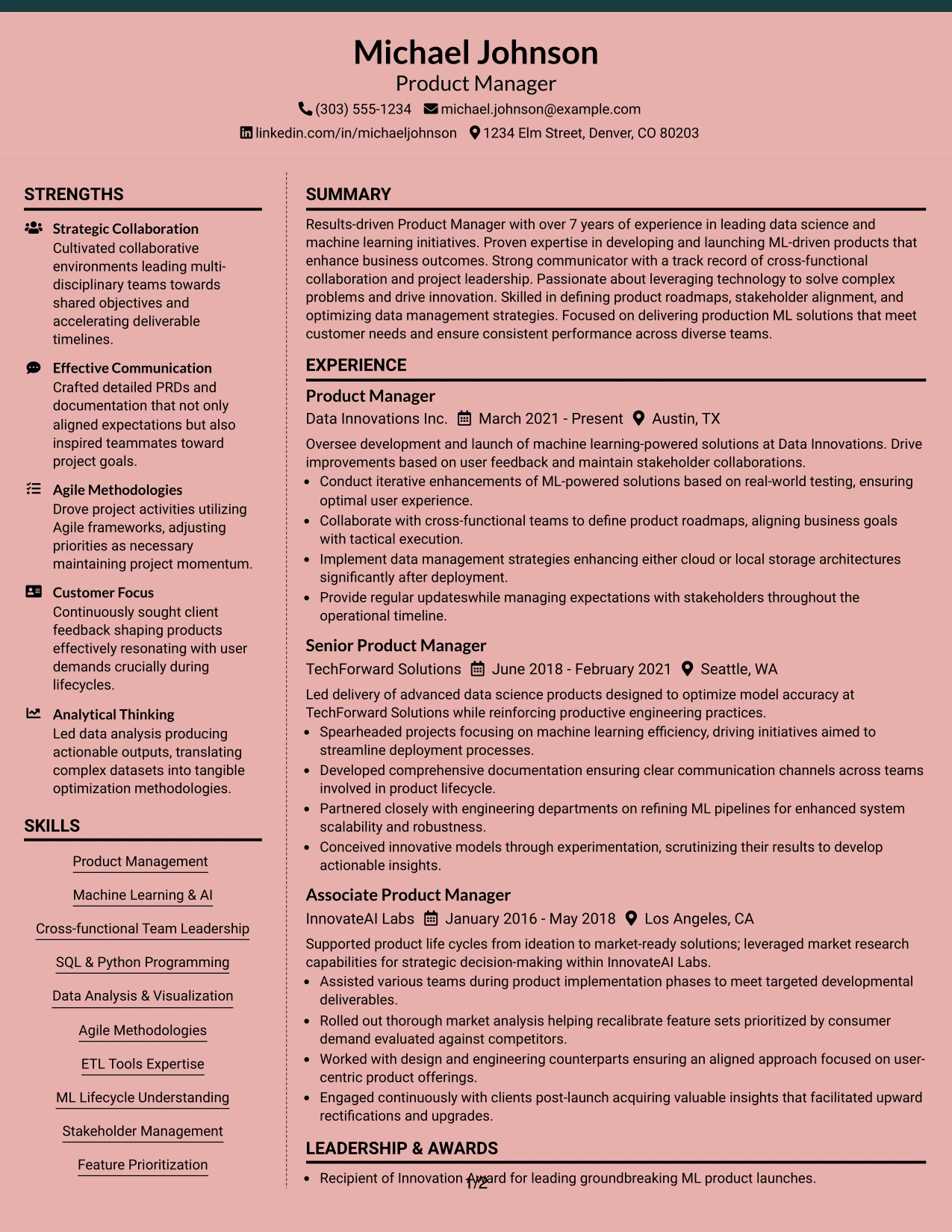 Resume Example Page 1
