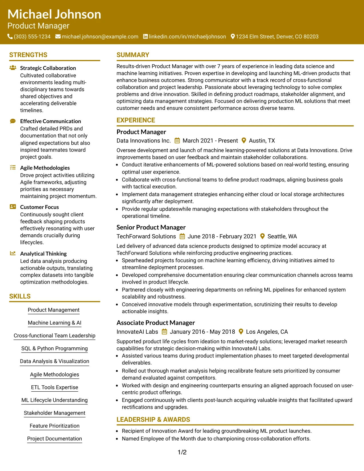 Resume Example Page 1
