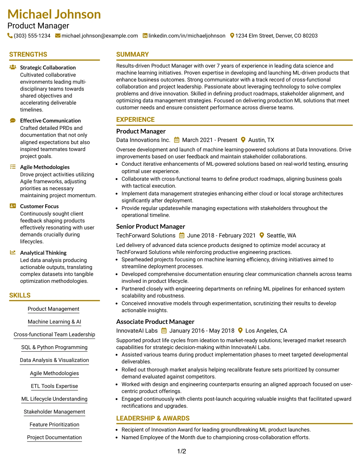 Resume Example Page 1