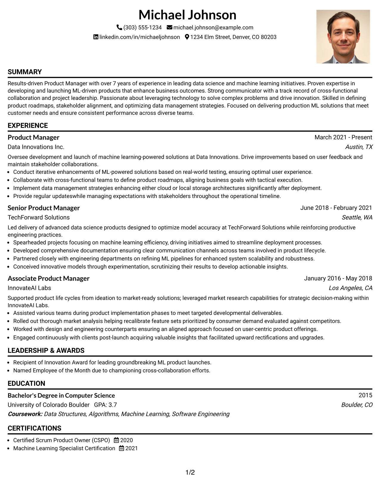 Resume Example Page 1