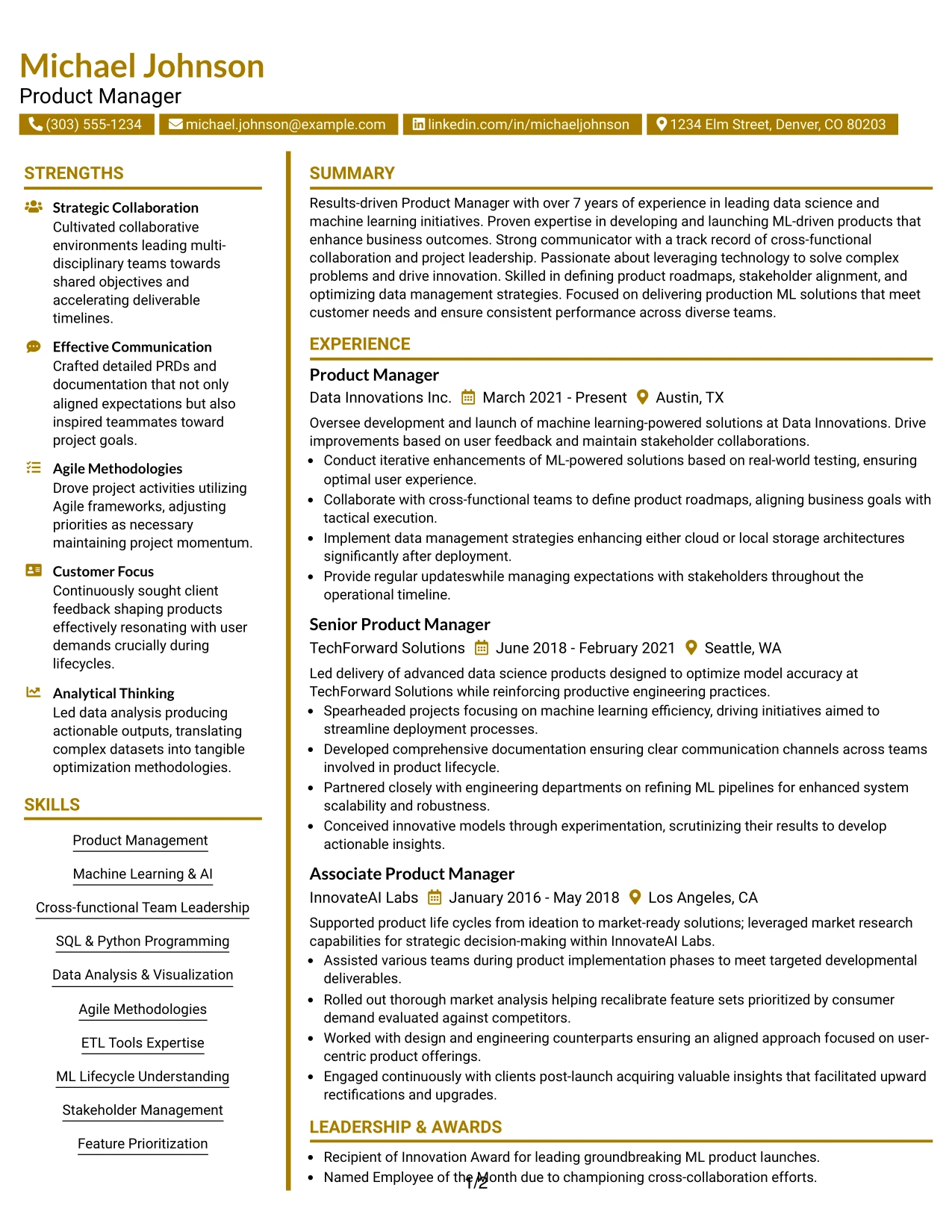 Resume Example Page 1