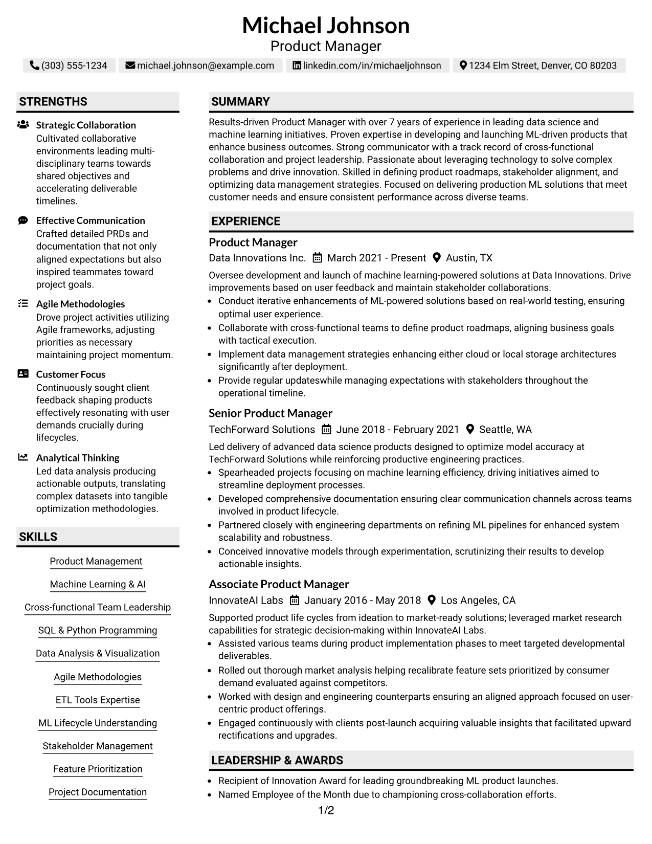 Resume Example Page 1