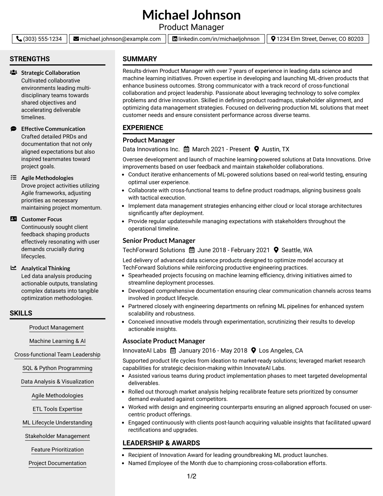 Resume Example Page 1