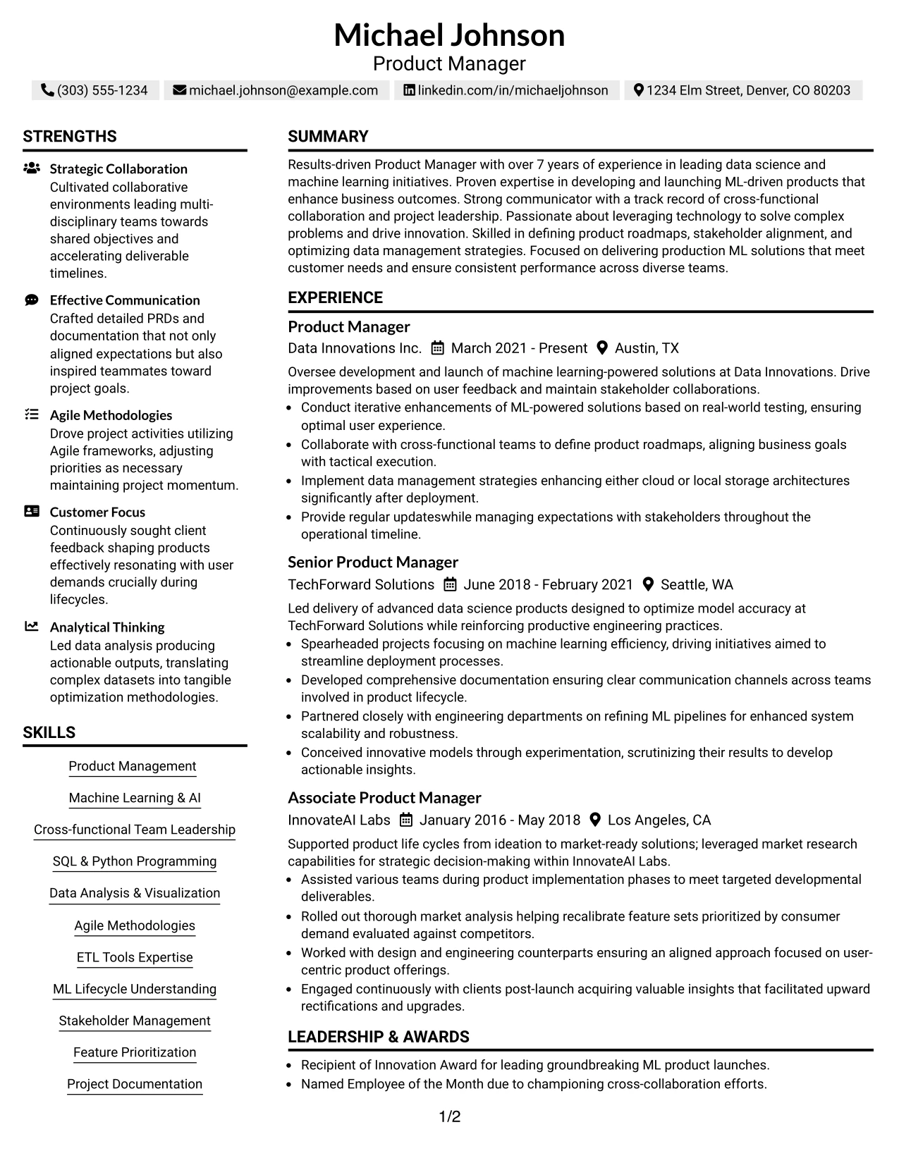 Resume Example Page 1