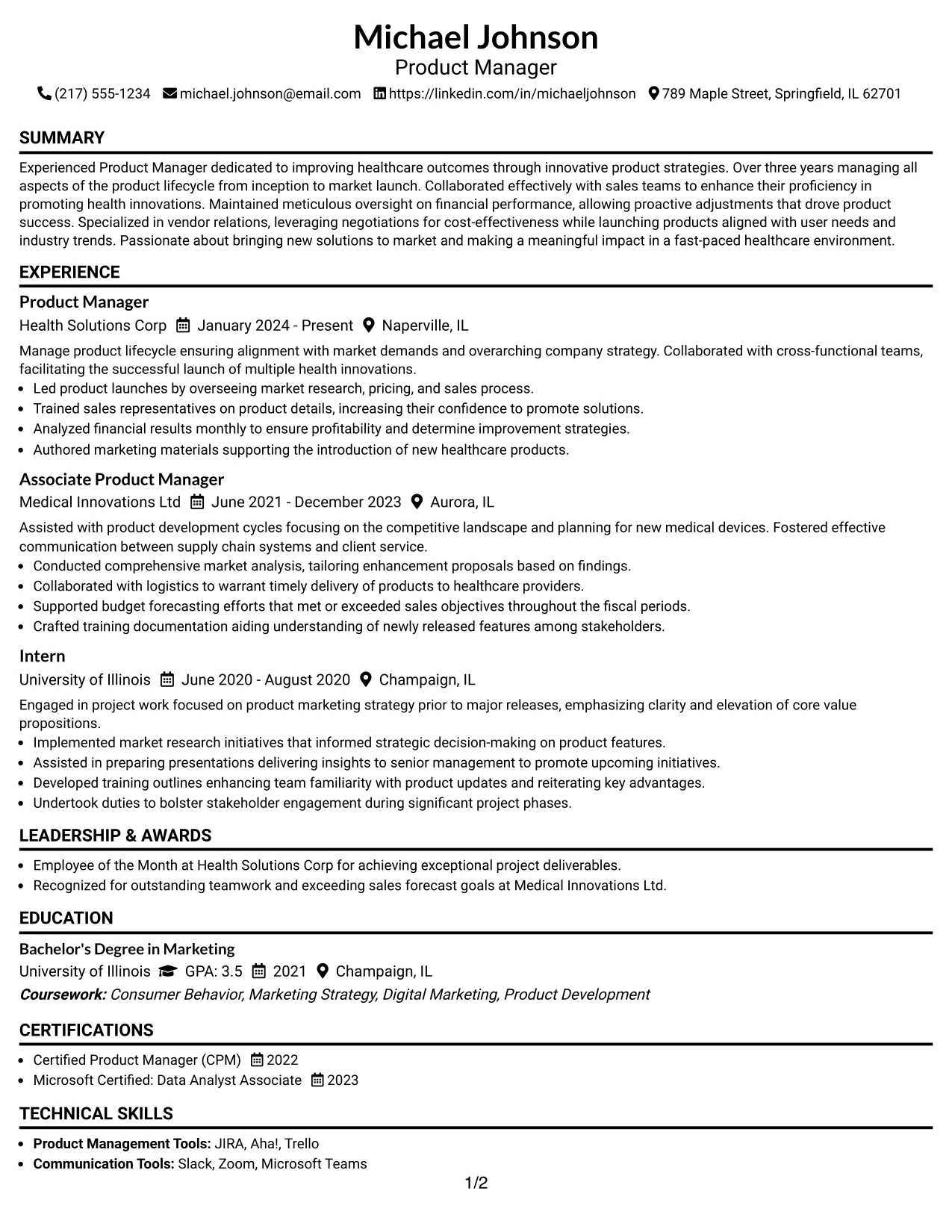 Resume Example Page 1
