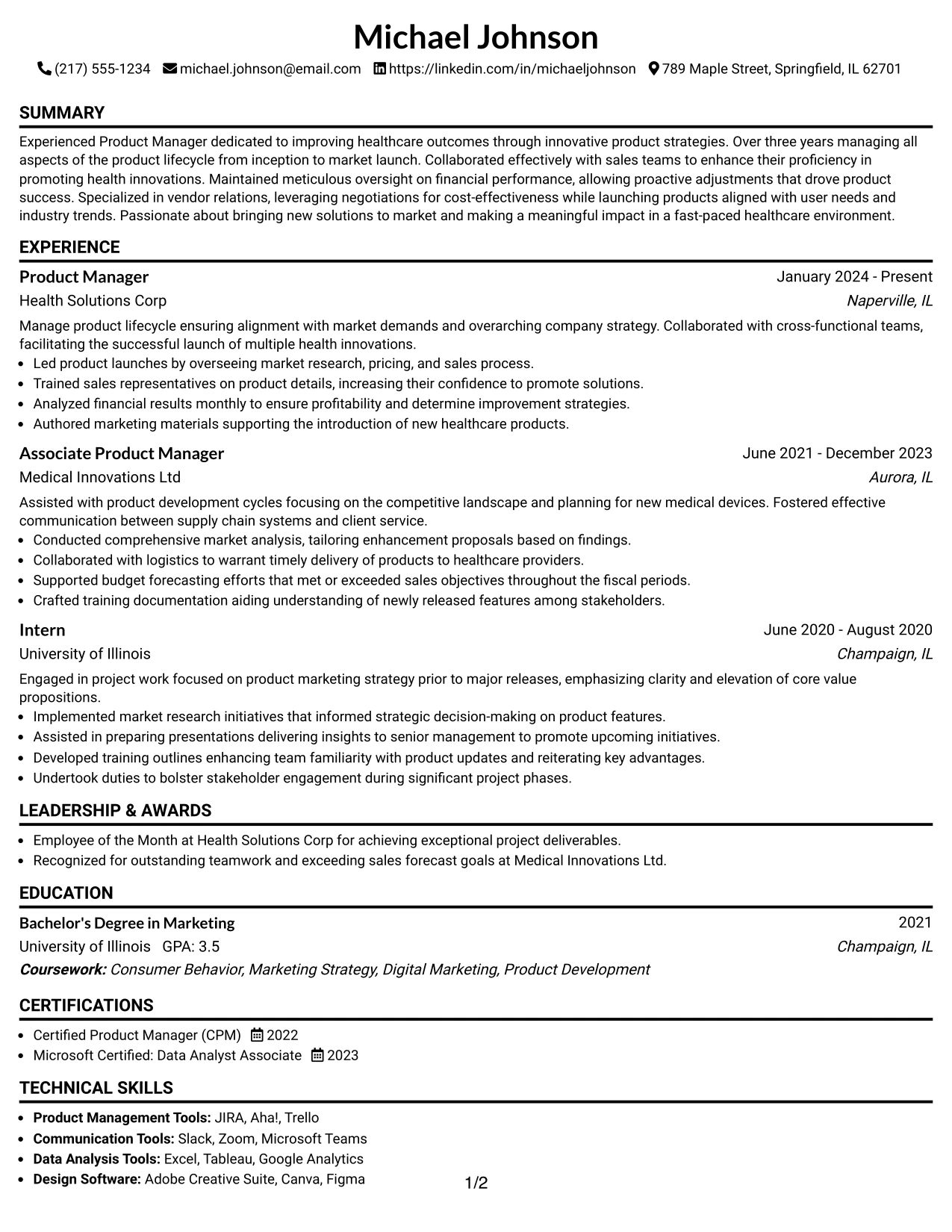 Resume Example Page 1