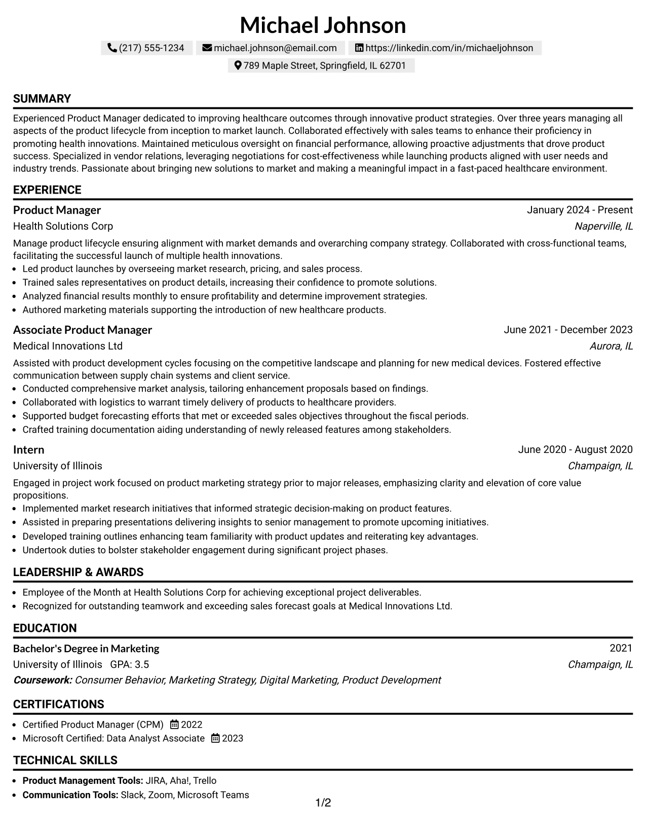 Resume Example Page 1