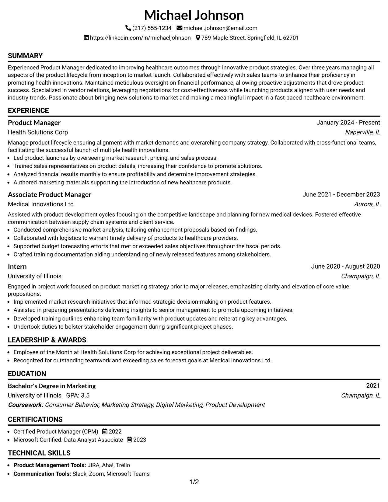 Resume Example Page 1