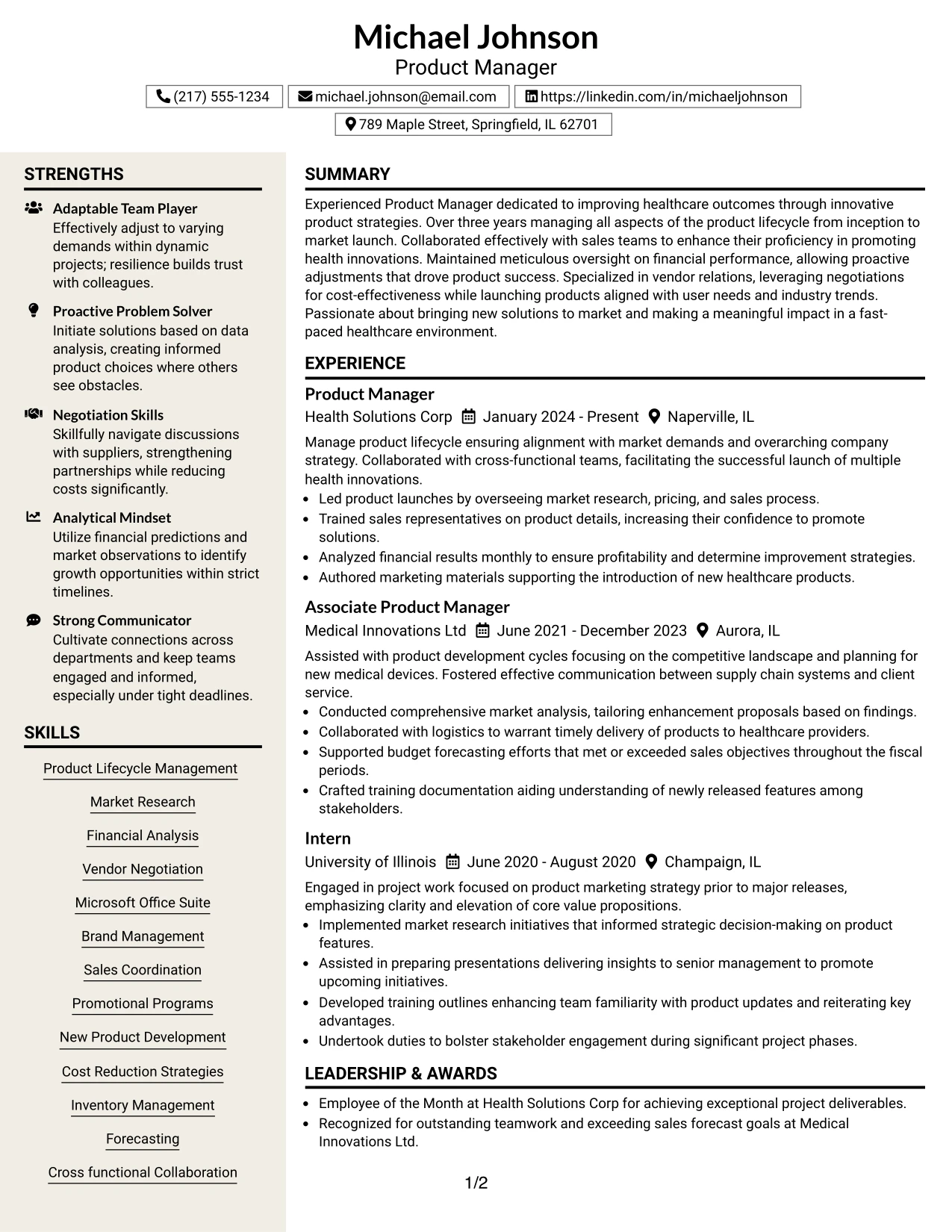 Resume Example Page 1