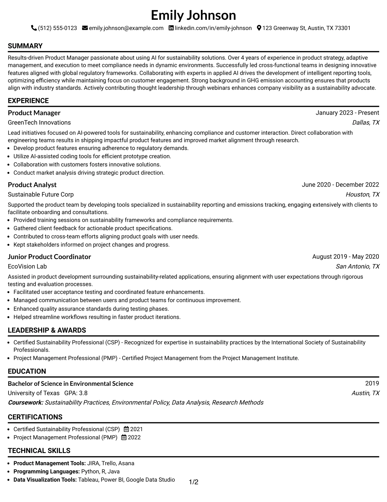 Resume Example Page 1