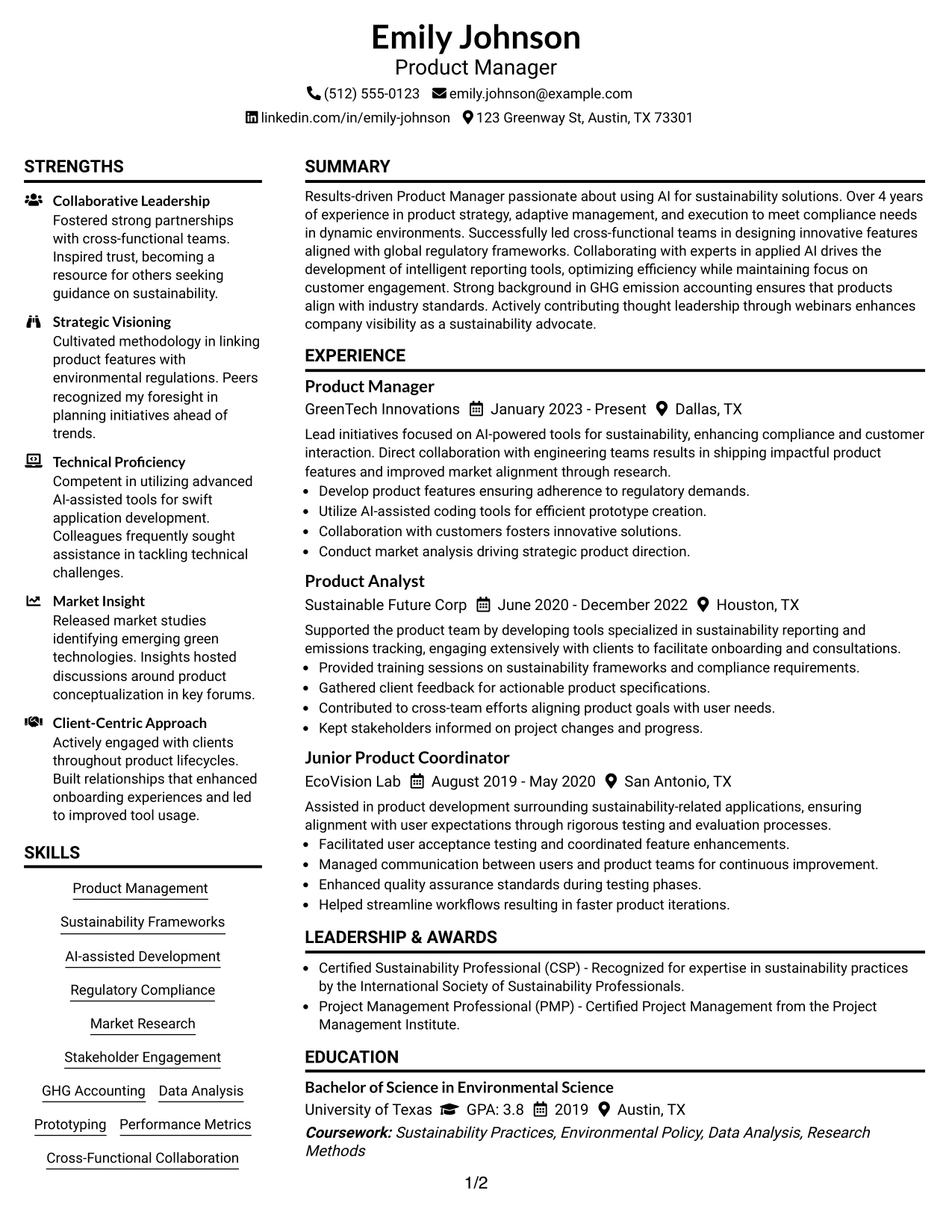 Resume Example Page 1