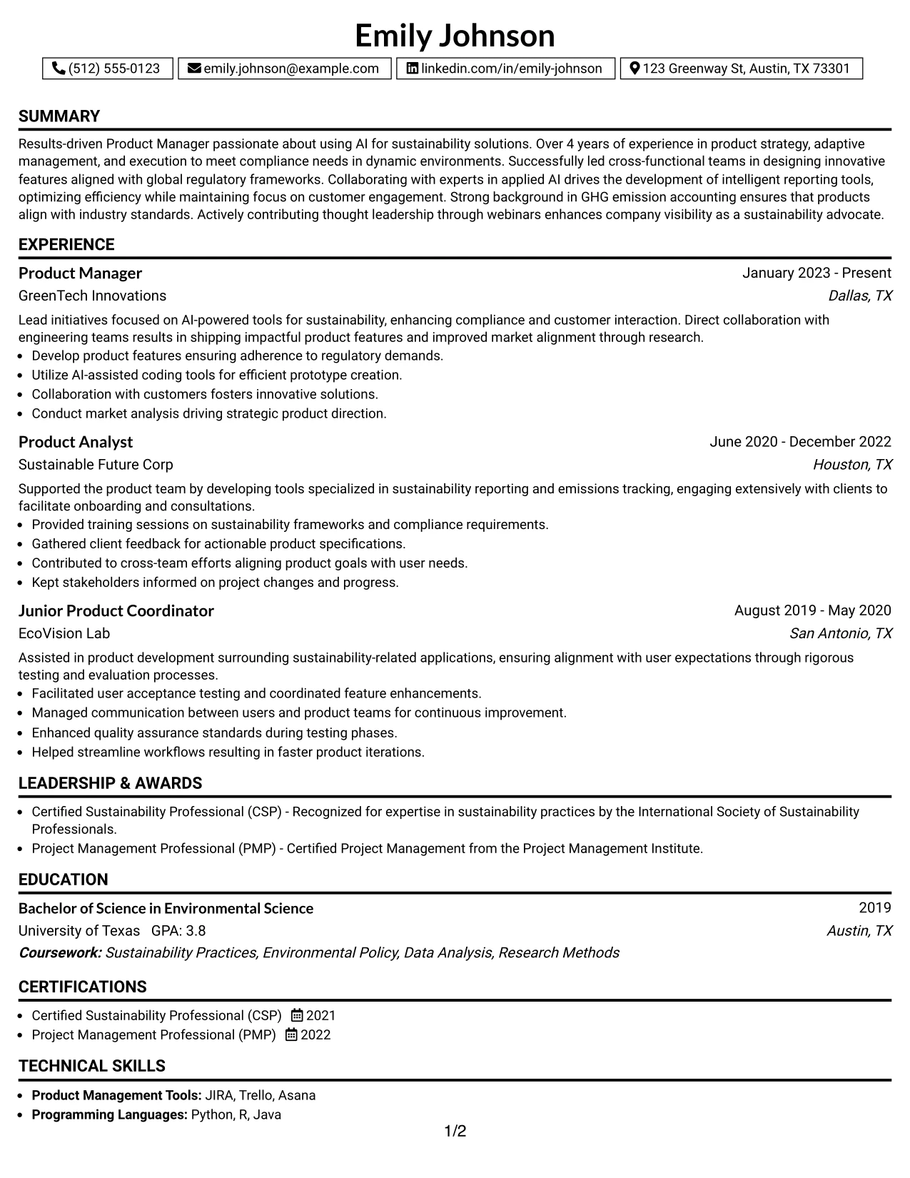Resume Example Page 1