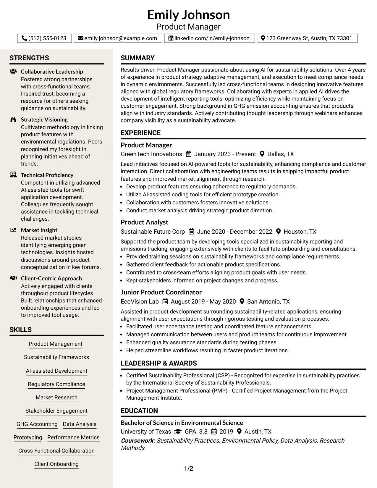 Resume Example Page 1