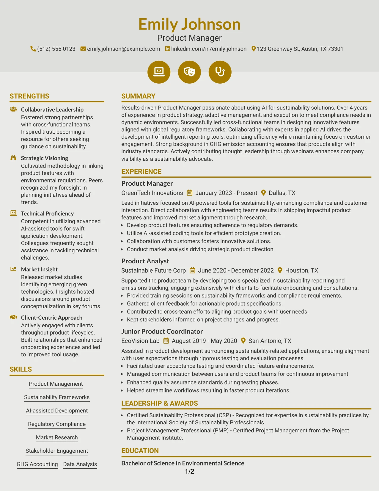 Resume Example Page 1